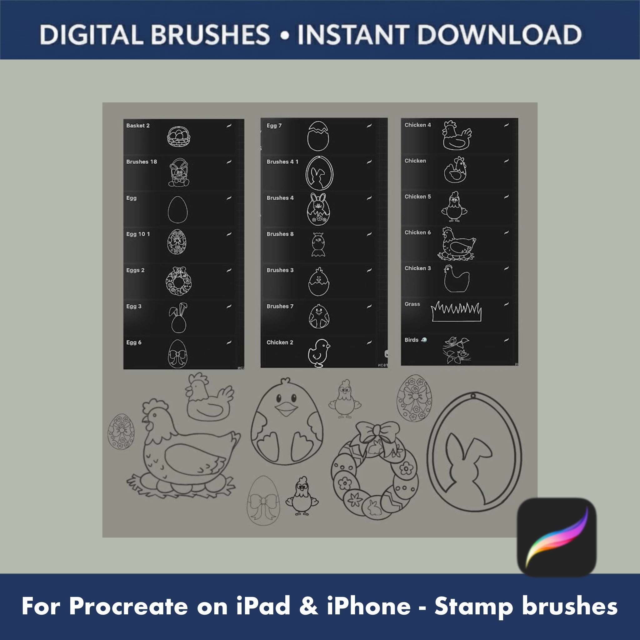 Procreate Easter pattern brushes for wrapping paper and surface design