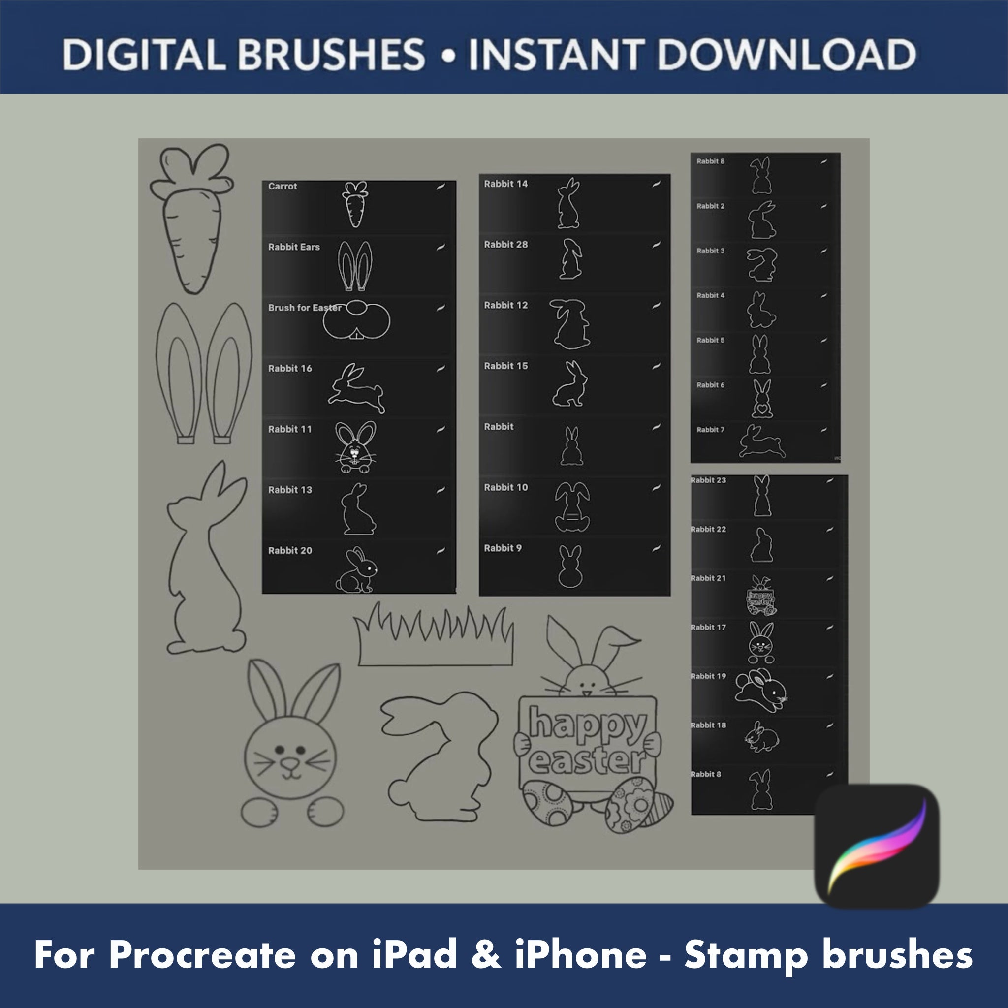 Tablet mockup showing Easter illustration created with 100 Procreate brushes