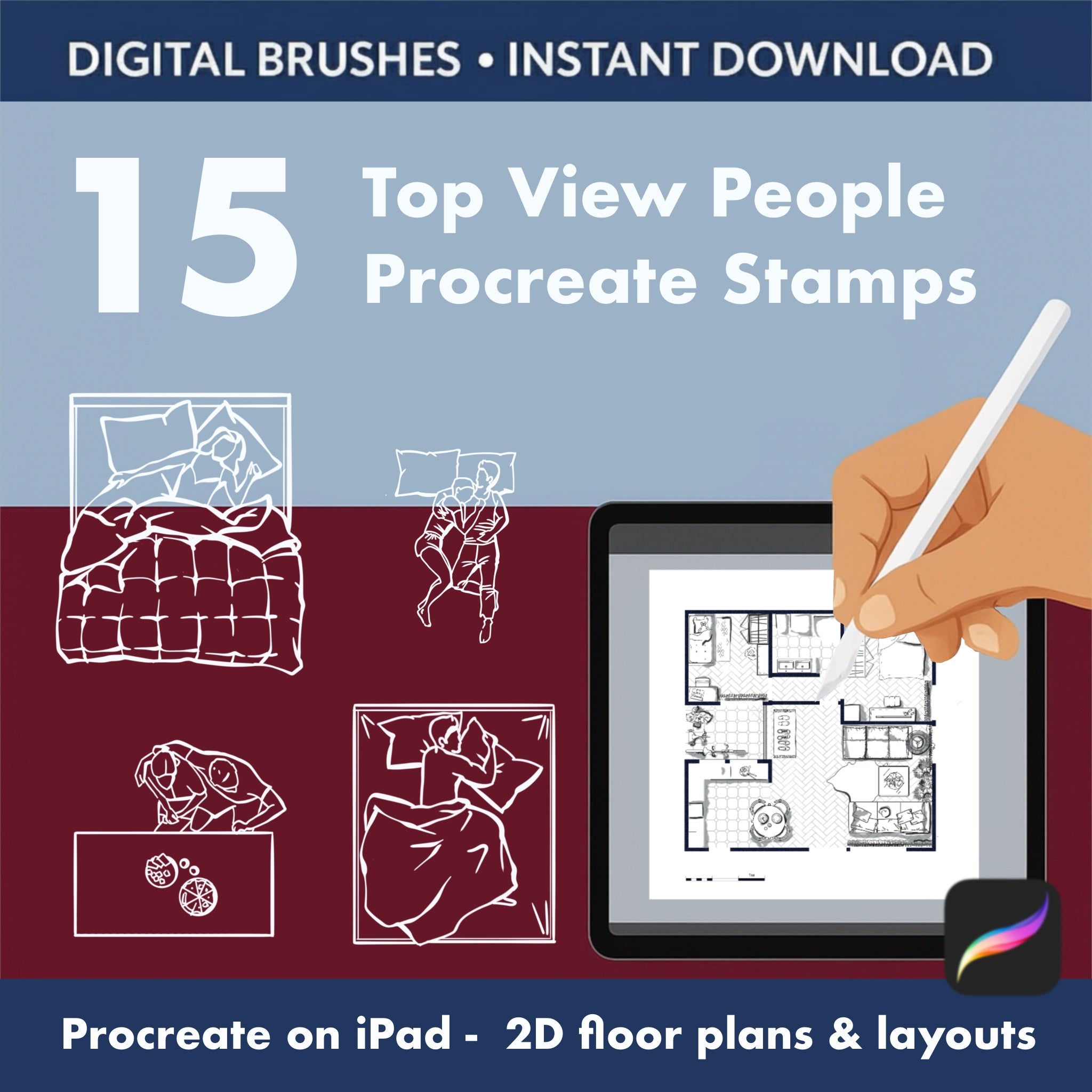 15 top view people Procreate stamps kit for 2D floor plans and layouts