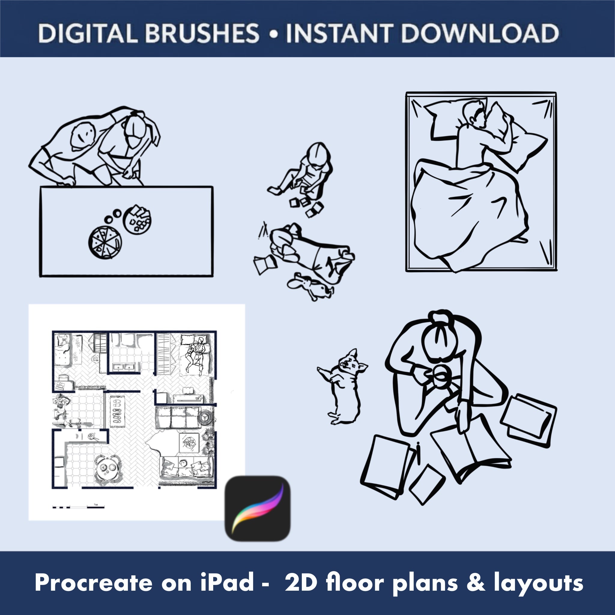 Procreate top view people stamps sitting and standing around tables in 2D plans