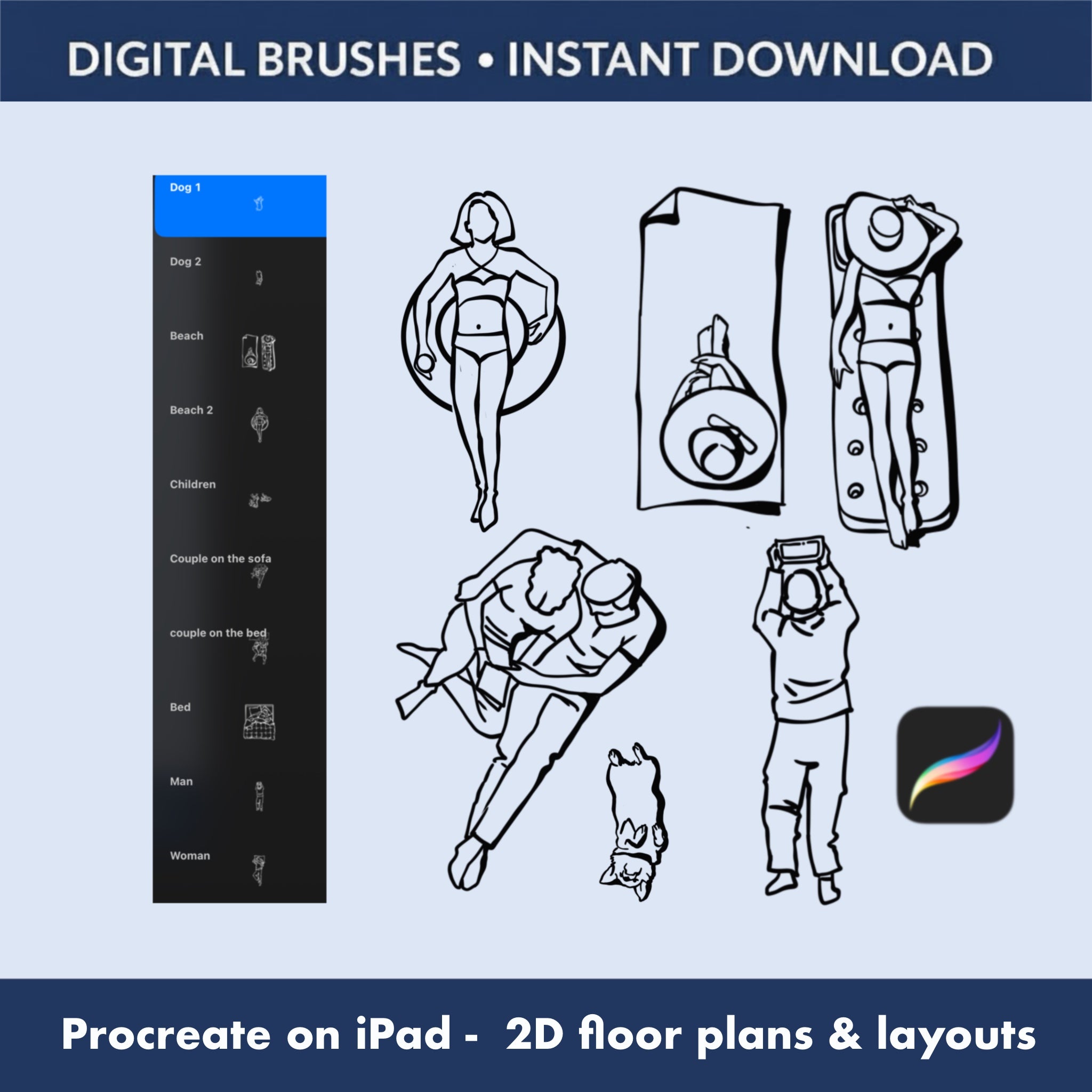 Top view Procreate people brushes shown on iPad apartment floor plan sketch