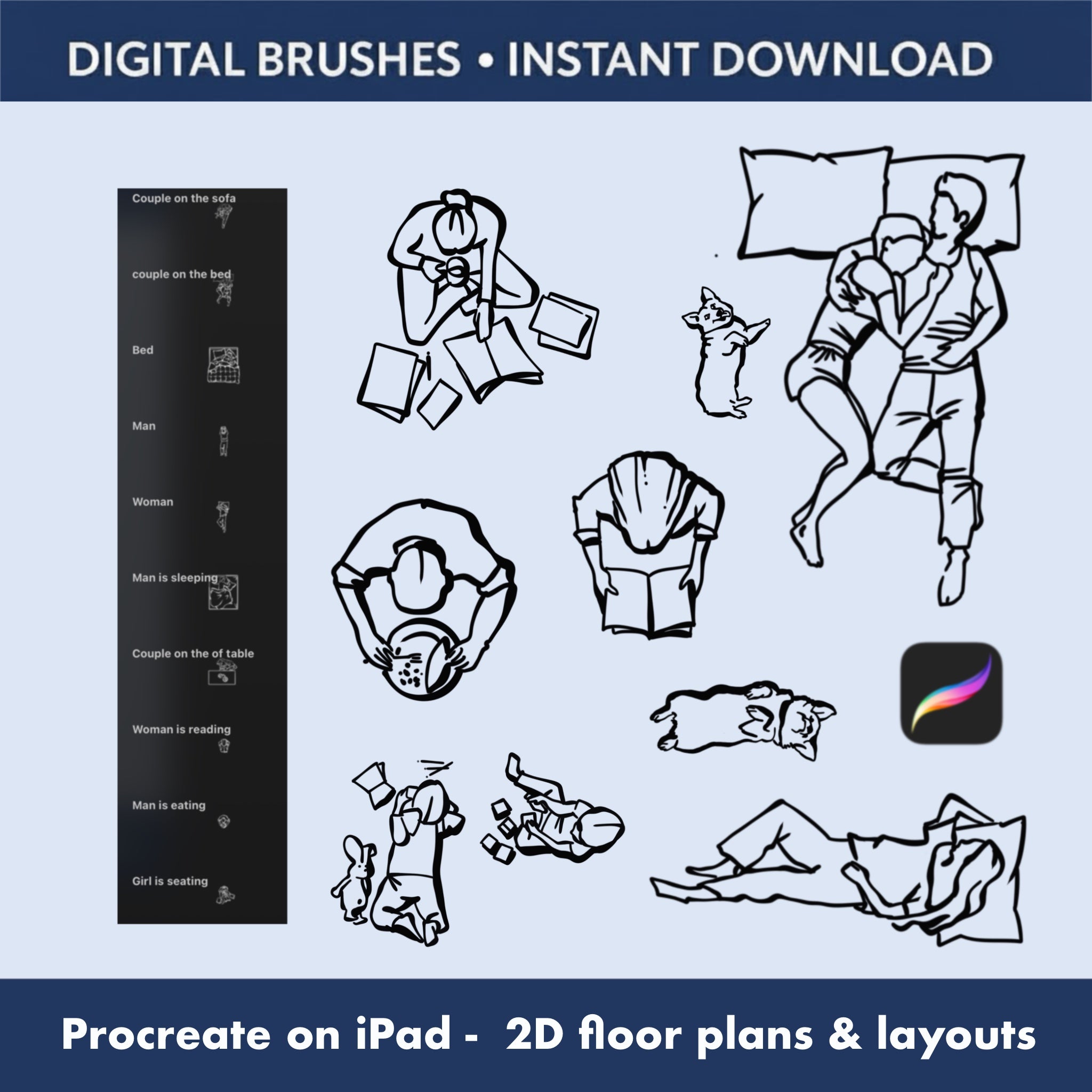 Silhouette stamps of people in bed and sleeping positions for top view plans