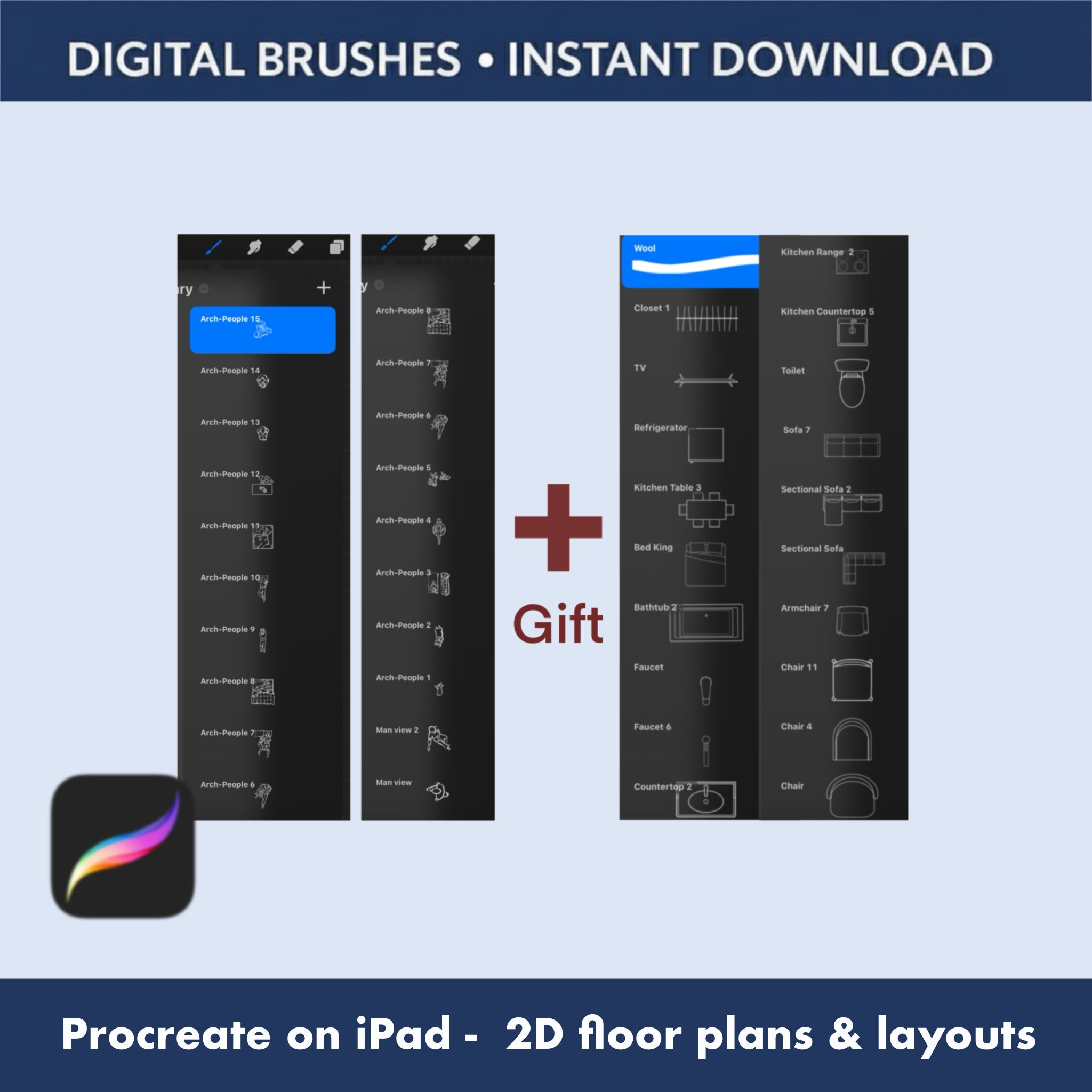 Collection of family and couple top view Procreate brushes for bedroom layouts