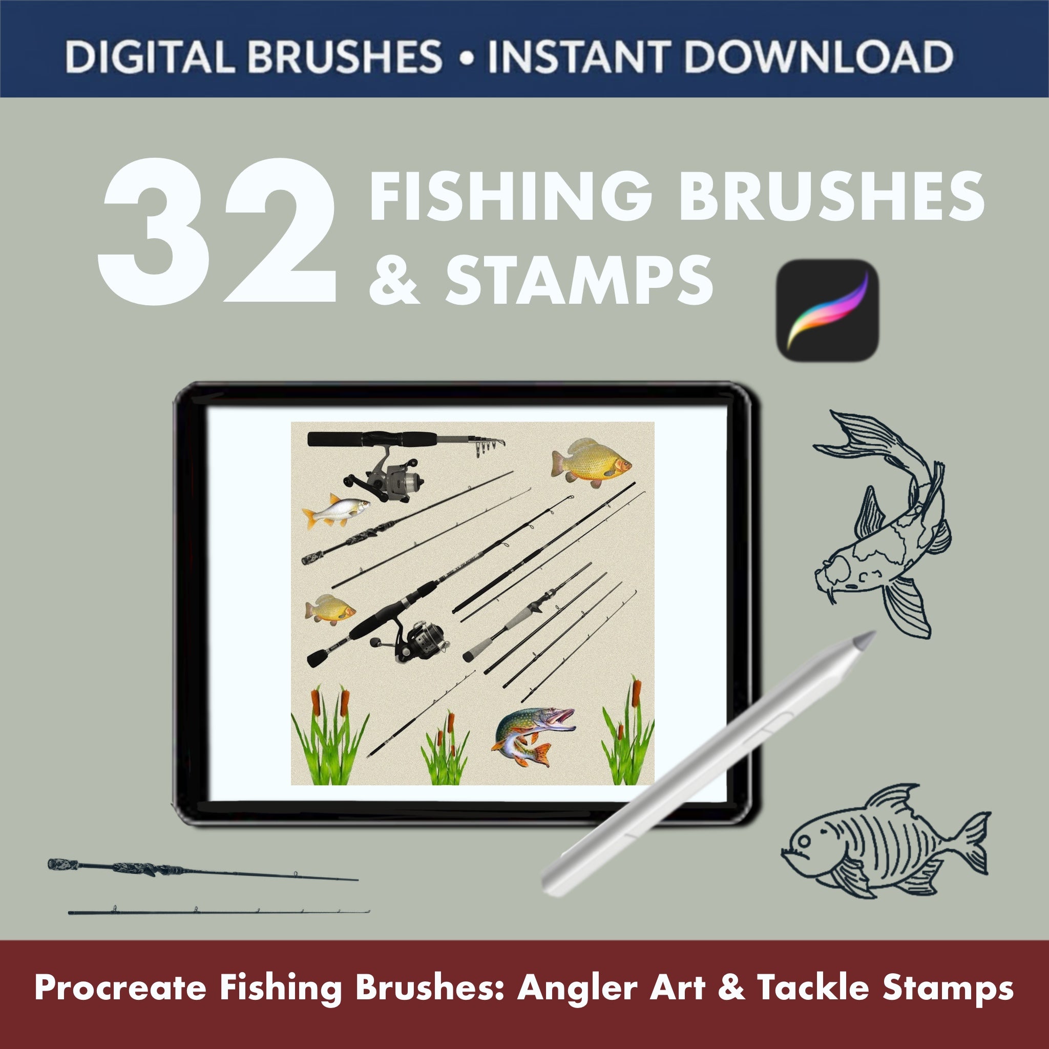 Procreate Fishing Brushes & Stamps – 32 Angler & Tackle Brushes for iPad
