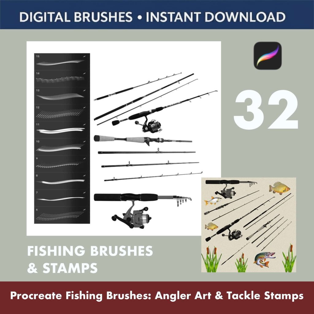 32 Procreate Fishing Brushes | Angler Stamps, Tackle Illustration Kit - Procreate Brush Shop by Sviatlana Fedzianiova