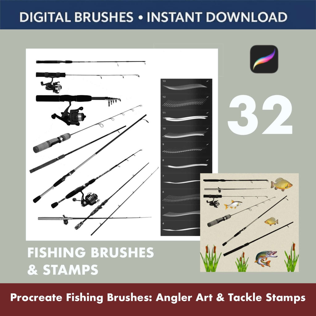32 Procreate Fishing Brushes | Angler Stamps, Tackle Illustration Kit - Procreate Brush Shop by Sviatlana Fedzianiova