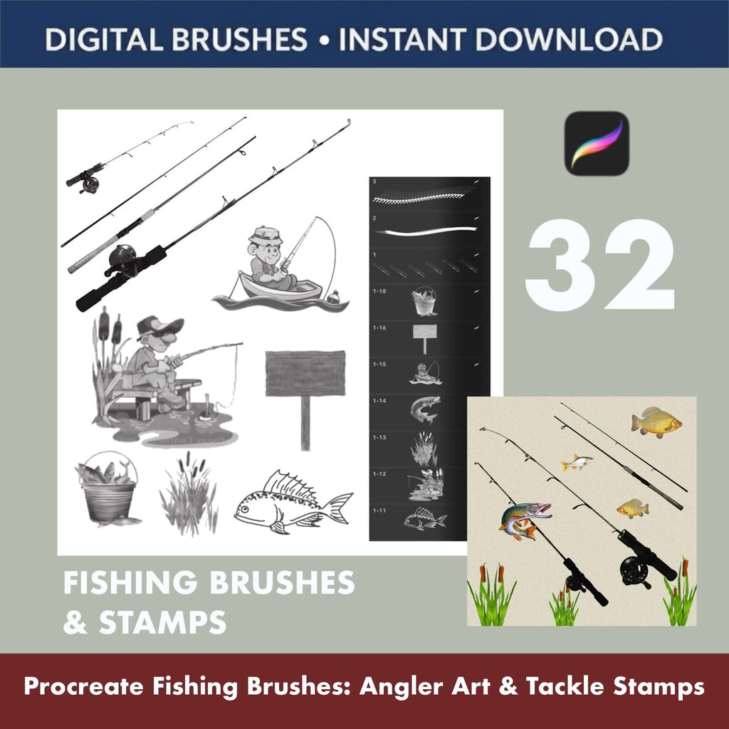 32 Procreate Fishing Brushes | Angler Stamps, Tackle Illustration Kit - Procreate Brush Shop by Sviatlana Fedzianiova