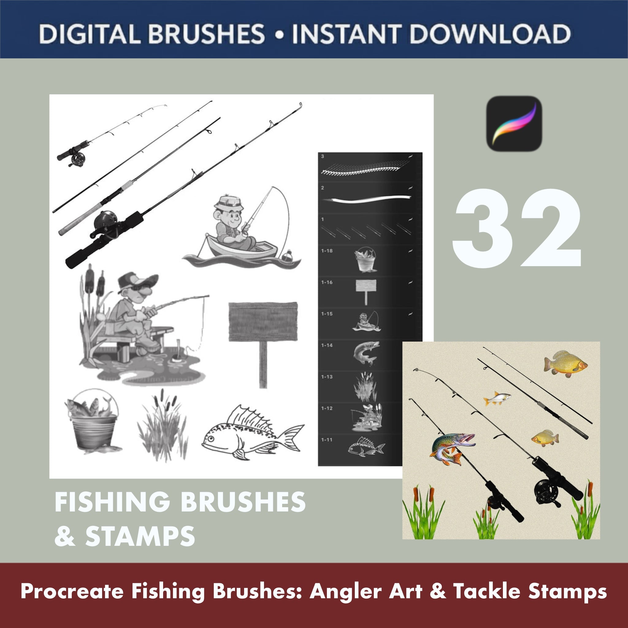 Procreate Fishing Scene Stamps – Cute Angler Characters & Lake Brushes