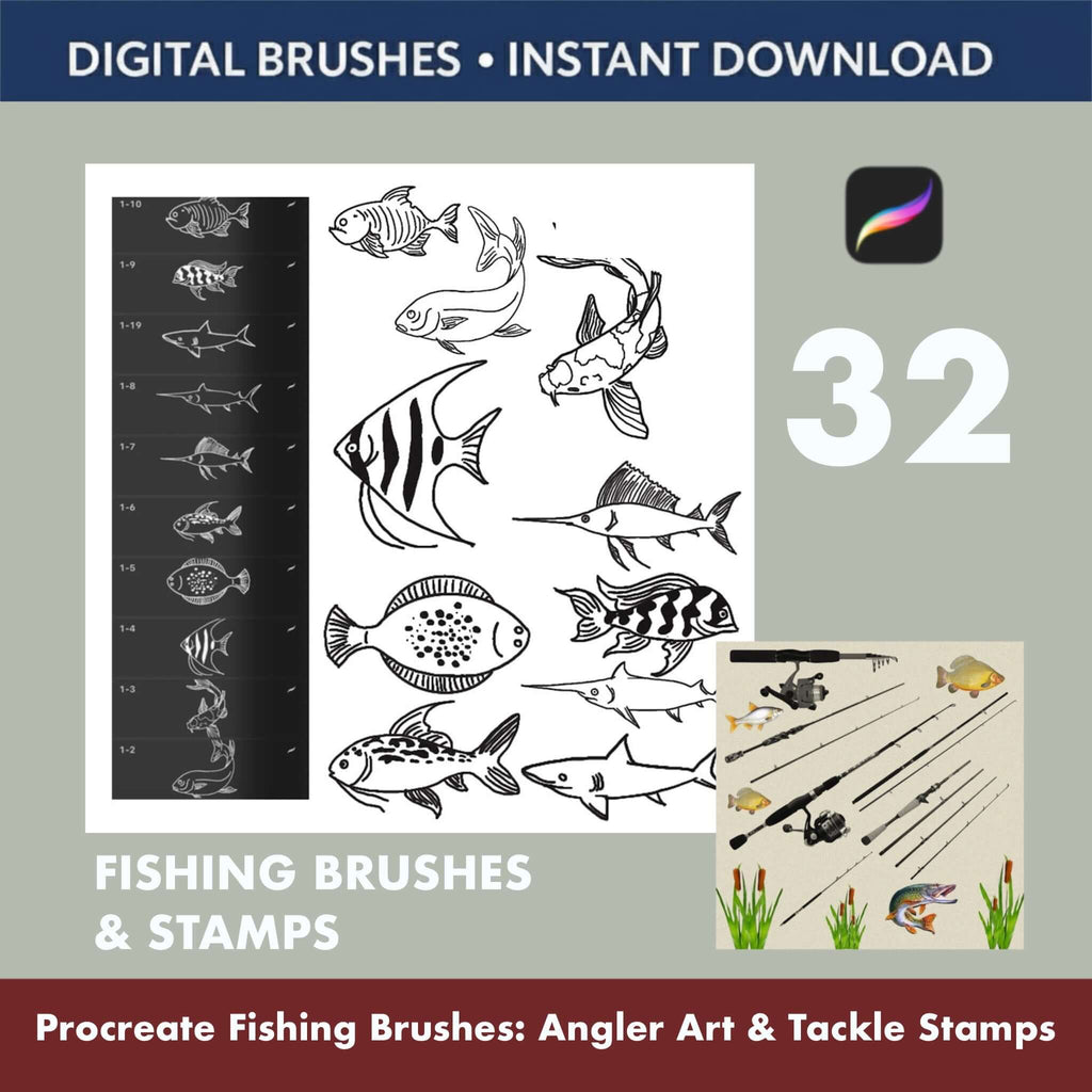 32 Procreate Fishing Brushes | Angler Stamps, Tackle Illustration Kit - Procreate Brush Shop by Sviatlana Fedzianiova