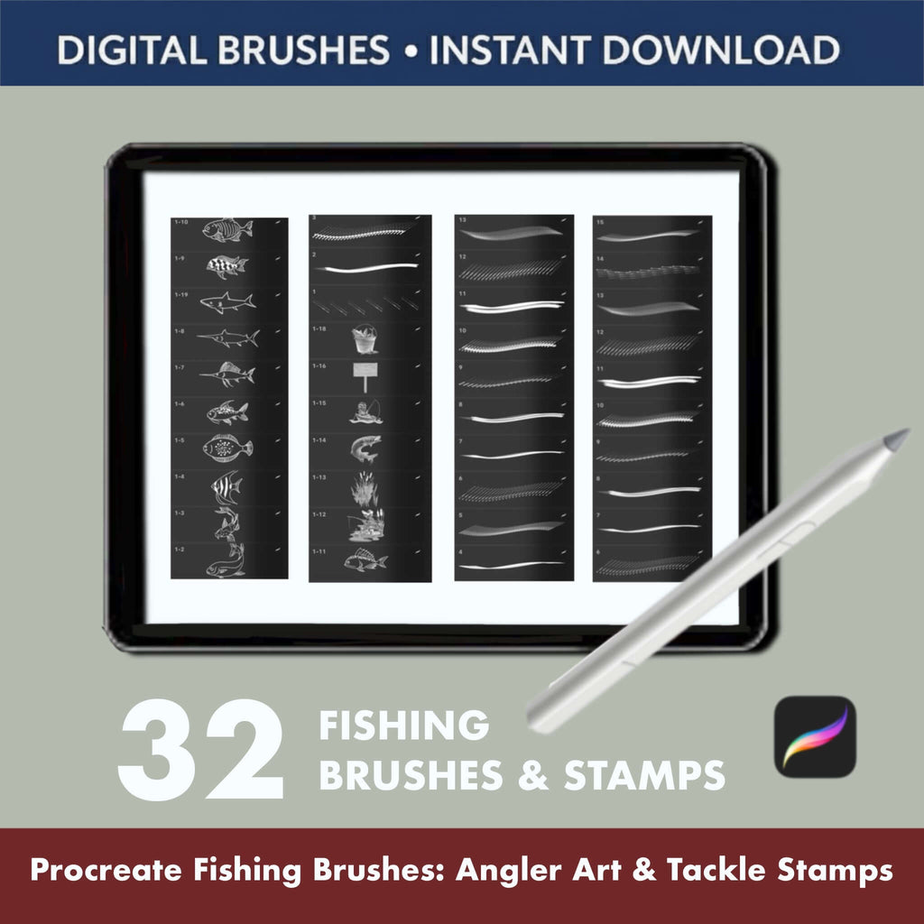 32 Procreate Fishing Brushes | Angler Stamps, Tackle Illustration Kit - Procreate Brush Shop by Sviatlana Fedzianiova