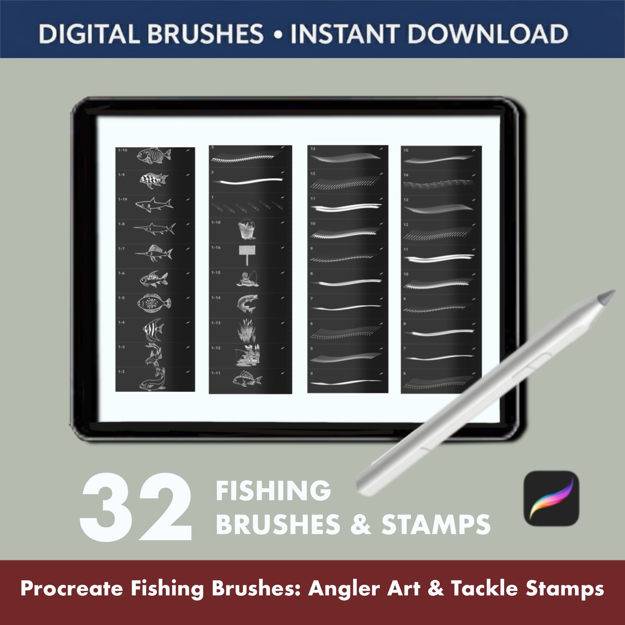 Procreate Fishing Line Brushes – Rod, Line & Water Stroke Set