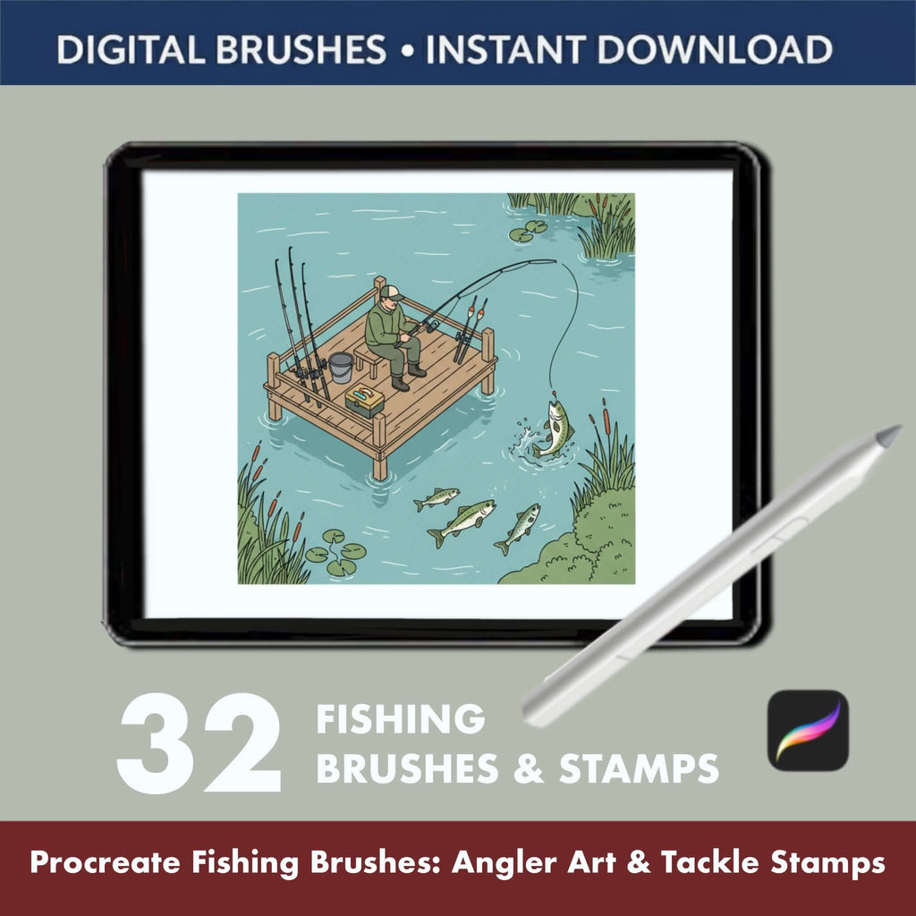 32 Procreate Fishing Brushes | Angler Stamps, Tackle Illustration Kit - Procreate Brush Shop by Sviatlana Fedzianiova