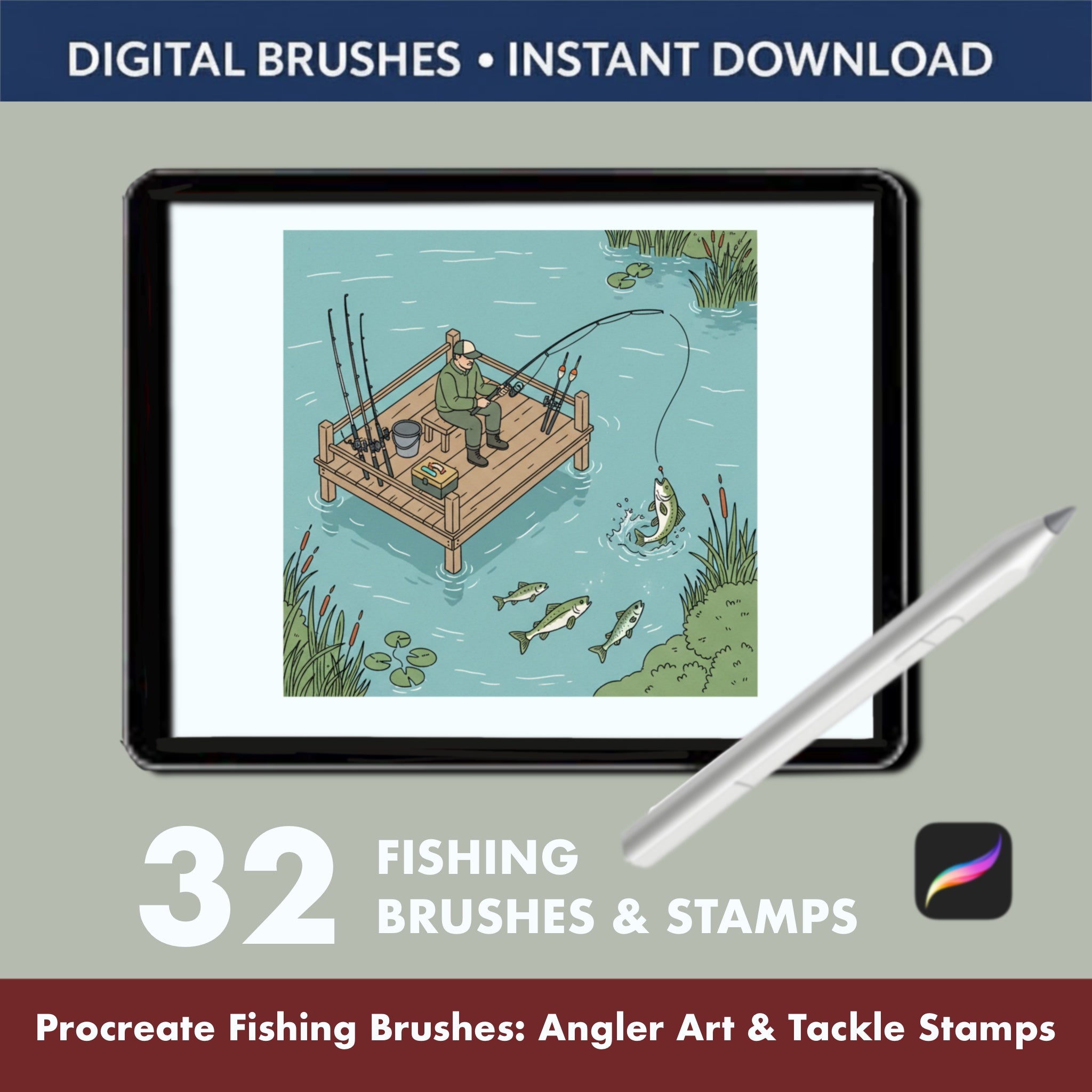 Procreate Fishing Illustration Kit – 32 Brushes to Create Lake Scenes