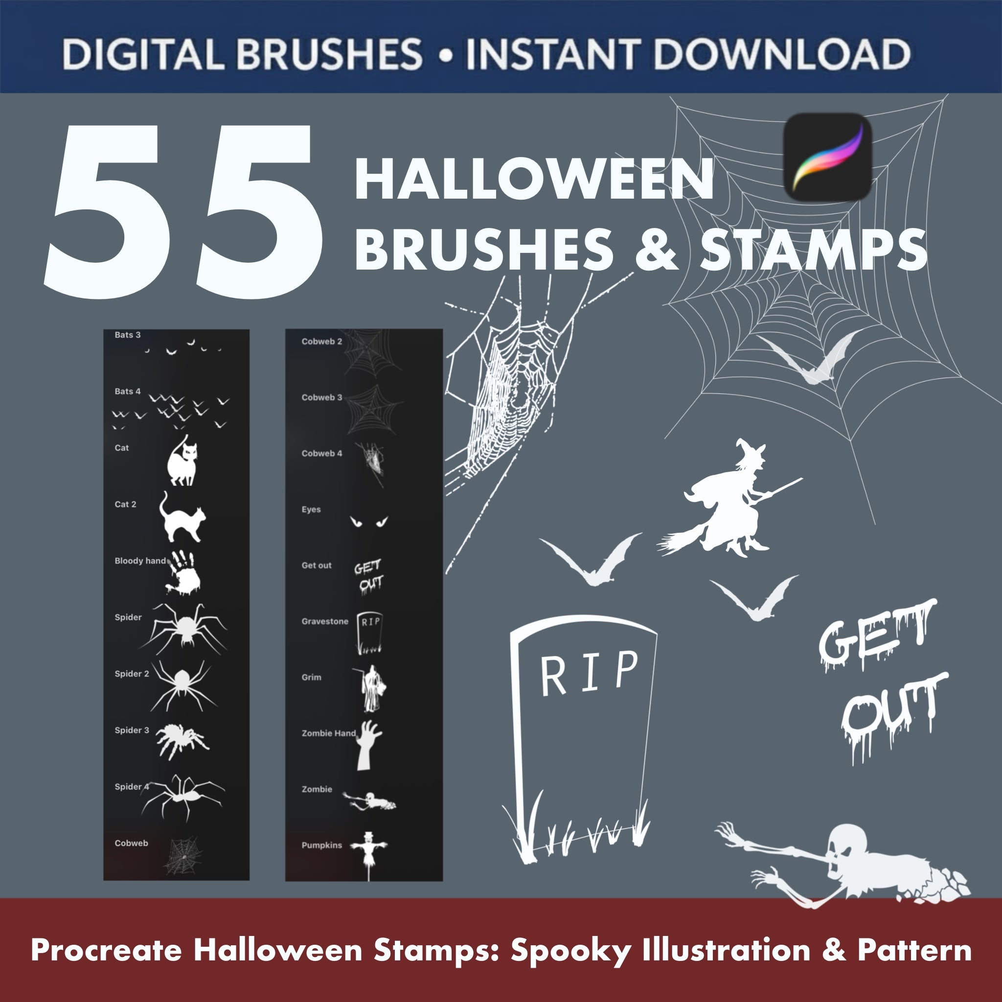 Procreate Spider & Cobweb Stamps – Creepy Halloween Lettering Kit