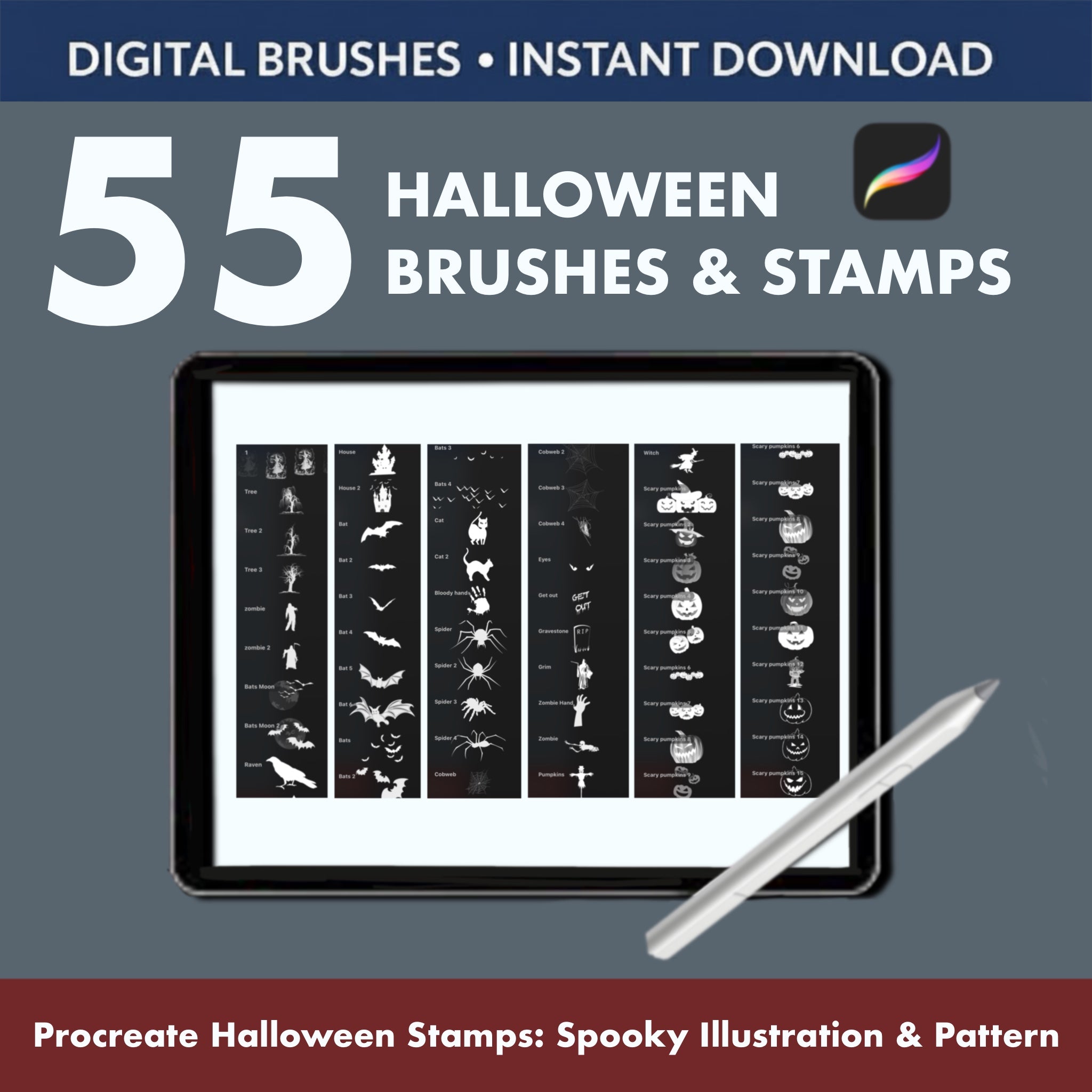 55 Procreate Halloween Stamps – Full Brush Panel Preview