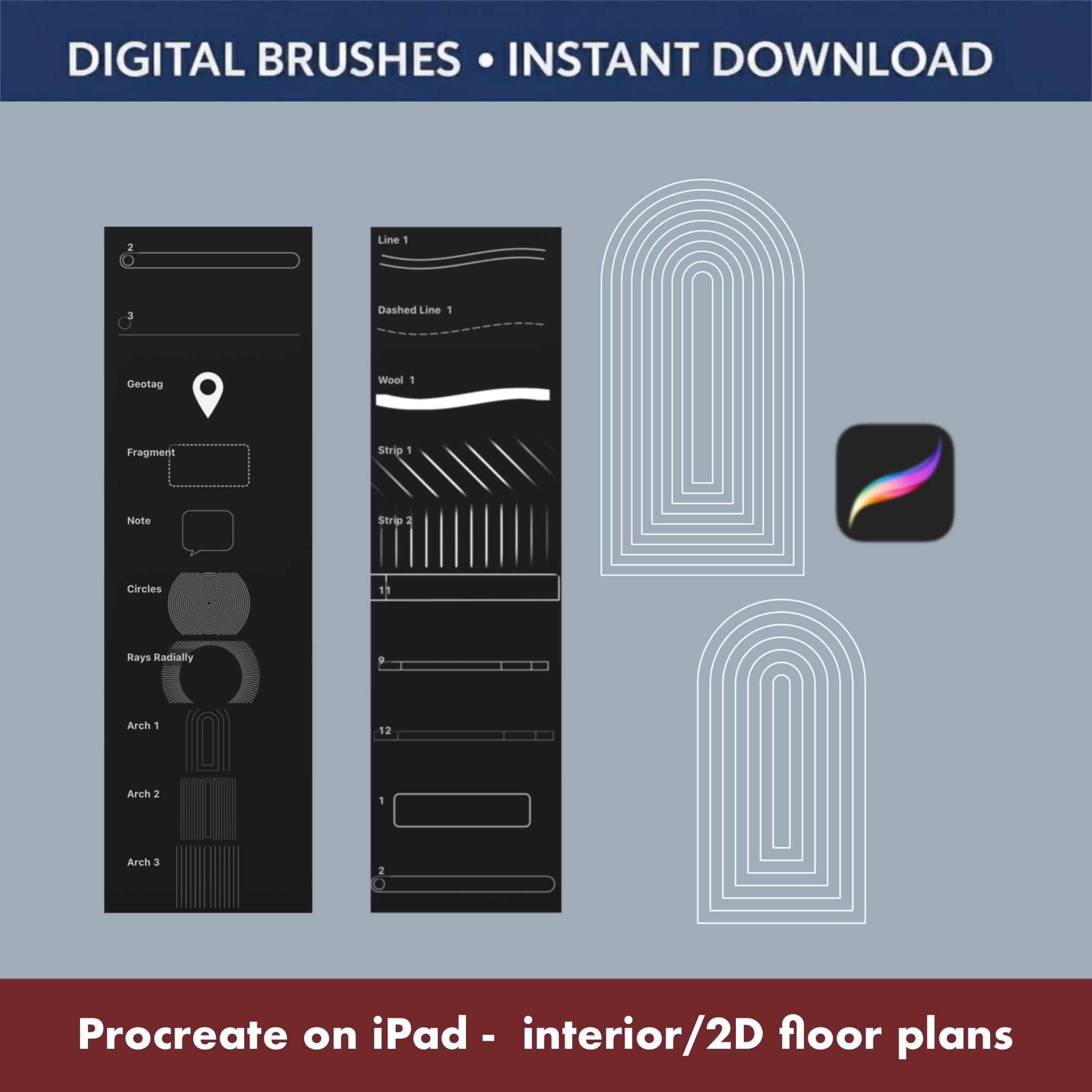 Procreate Path & Arch Brushes – Interior Flow & Wayfinding Tools