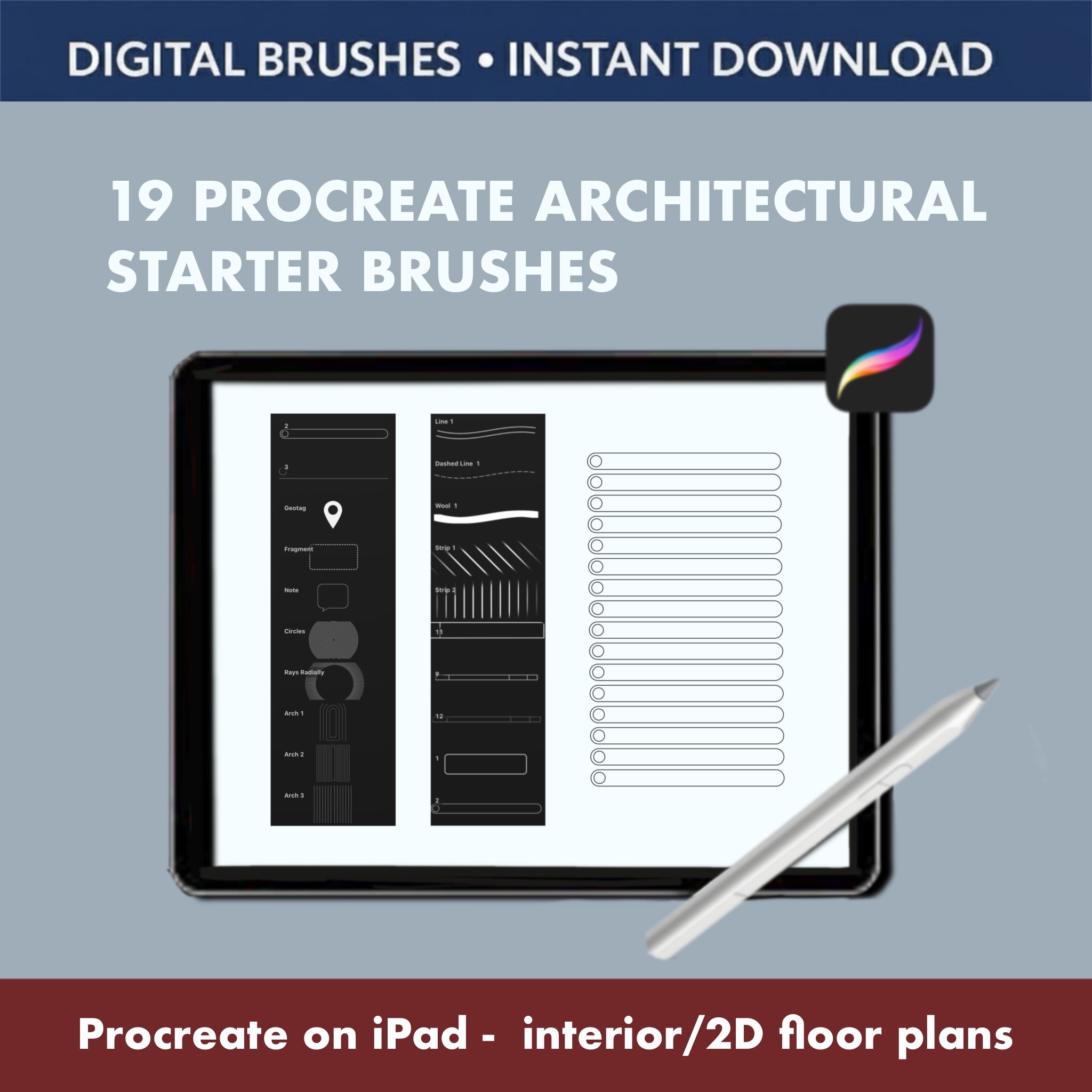 19 Procreate Architectural Starter Brushes – Space Planning & Interior Layout Kit