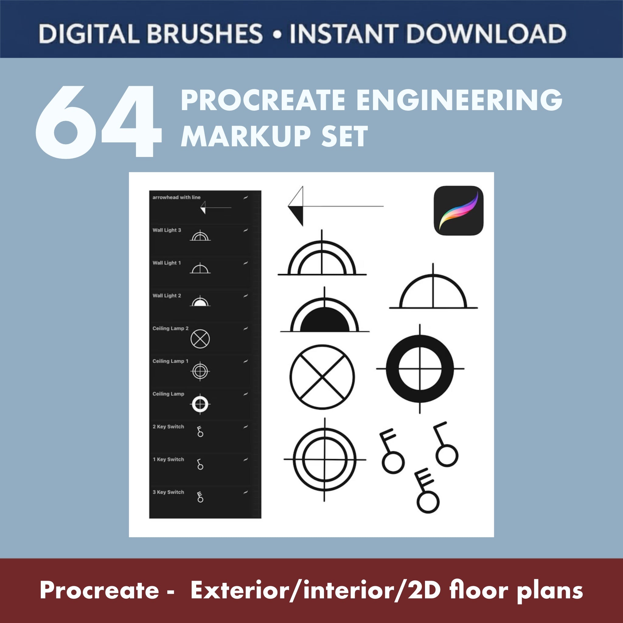 All‑in‑one Procreate toolkit with lighting, switches, arrows and dimensional symbols. Ideal for architects, interior designers and engineers who need fast, standardized markup on digital drawings
