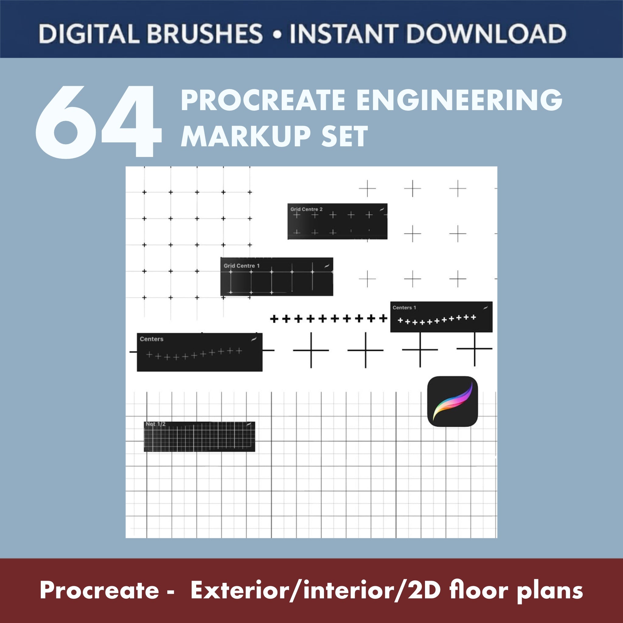 Versatile engineering brushes optimized for both interior and exterior 2D floor plans in Procreate. Streamline your blueprint workflow and keep all annotations consistent across projects