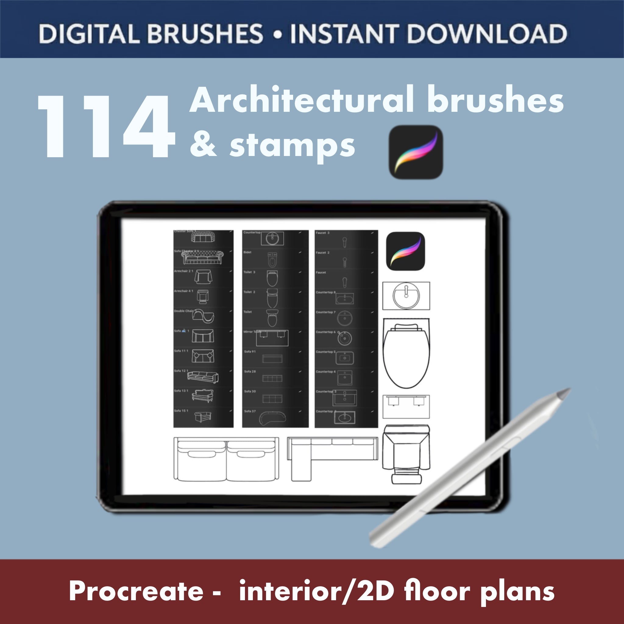 Complete Procreate engineering markup set with 64 technical symbols for 2D floor plans and blueprints. Perfect for architects, interior designers and engineers working on iPad