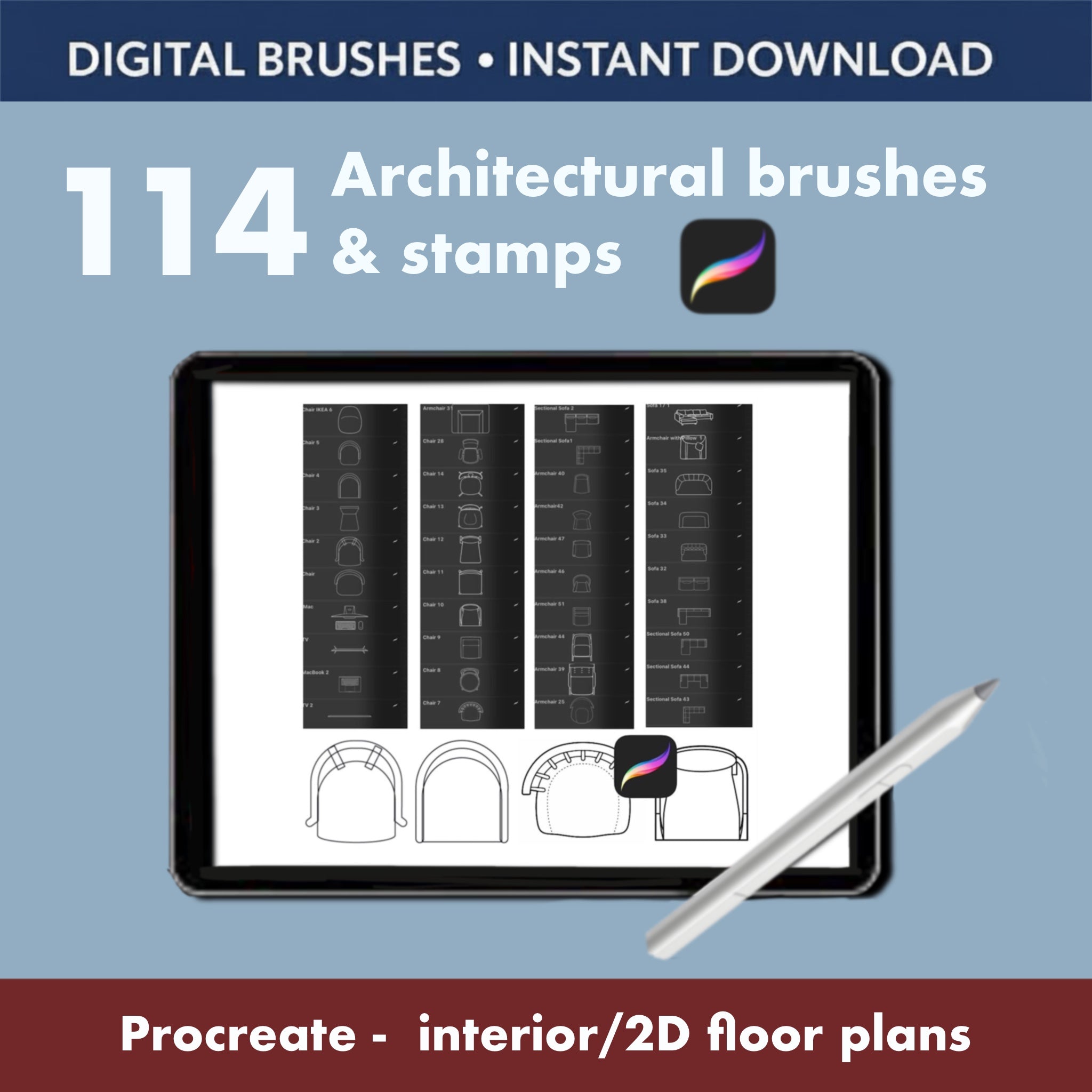All 64 Procreate engineering symbols in one clear overview: lights, switches, arrows, targets and more. Quickly add standardized markup to any architectural or construction drawing