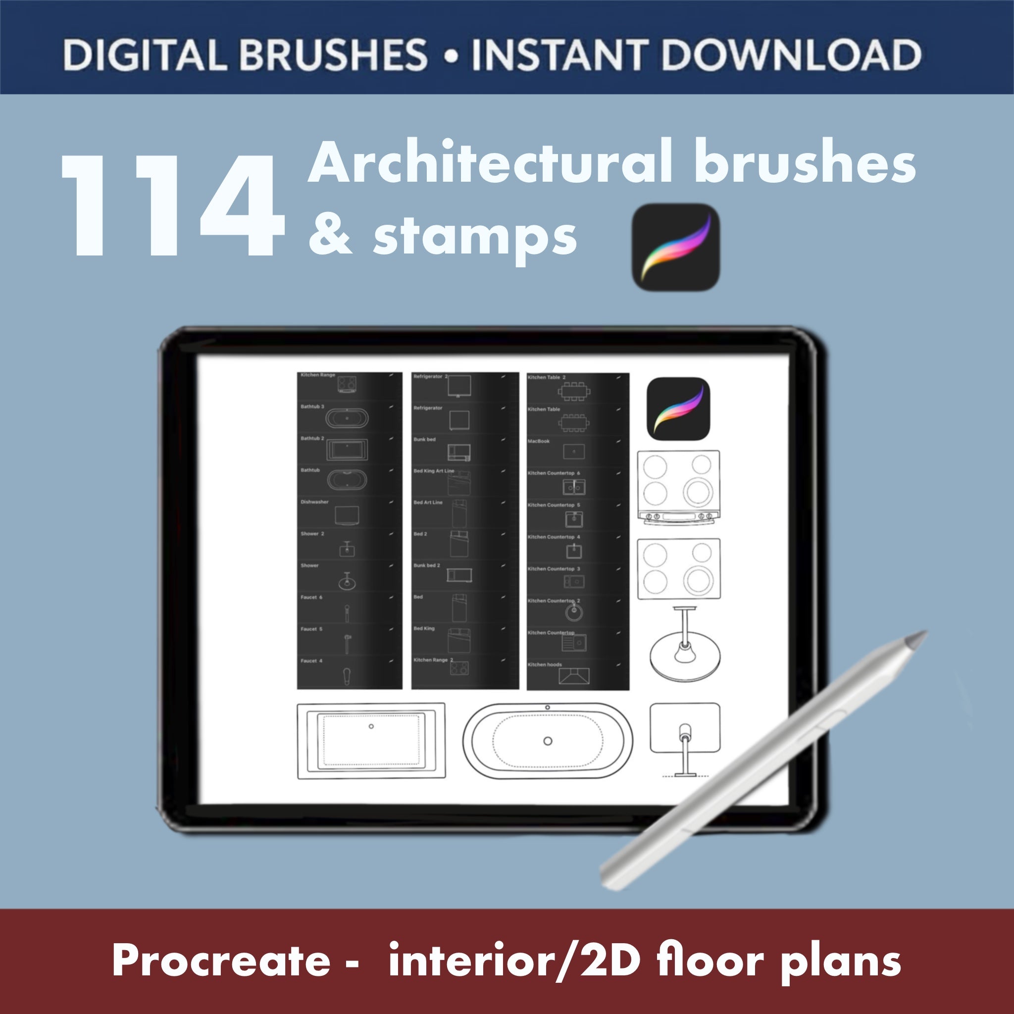 Brushes for Procreate with wall lights, ceiling lamps, switches and keys. Ideal for documenting lighting layouts, circuits and electrical details on interior and exterior plans