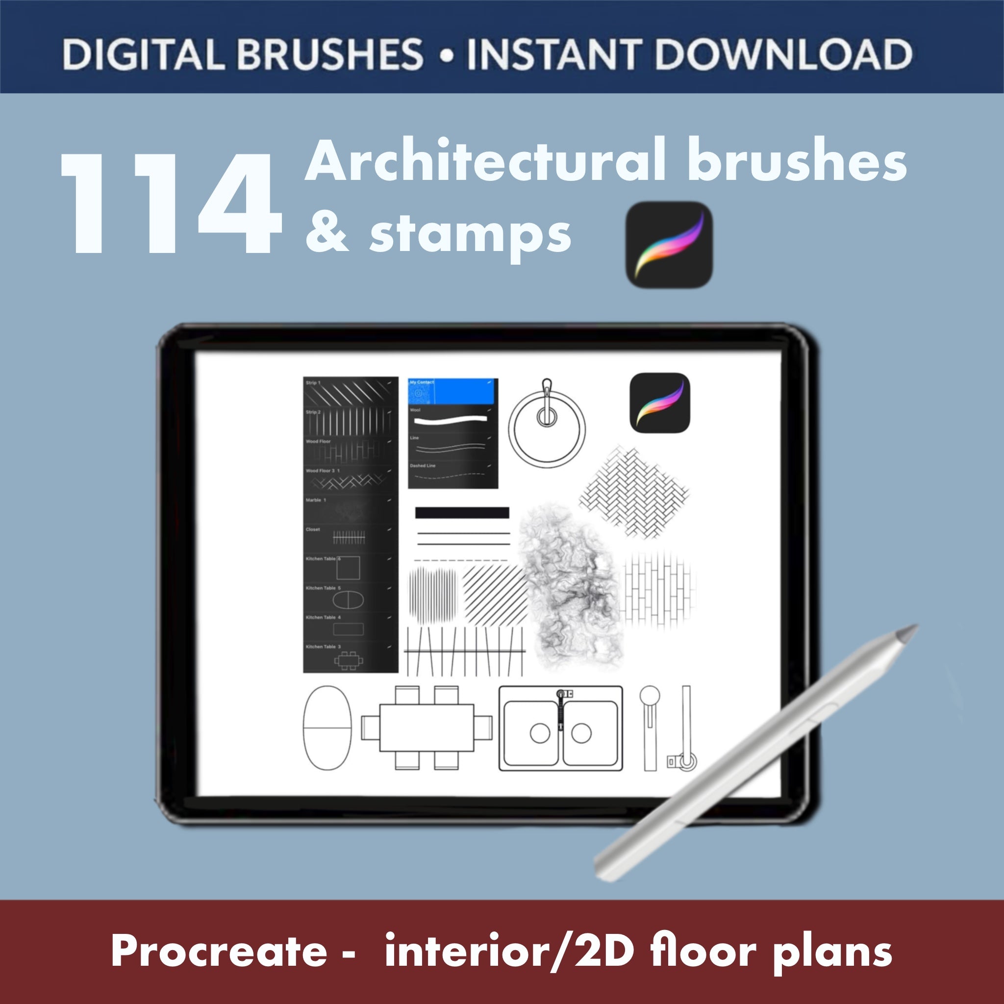 Arrowheads, leaders and dimension lines for accurate technical notes in Procreate. Use them to clarify directions, measurements and construction details on your digital blueprints