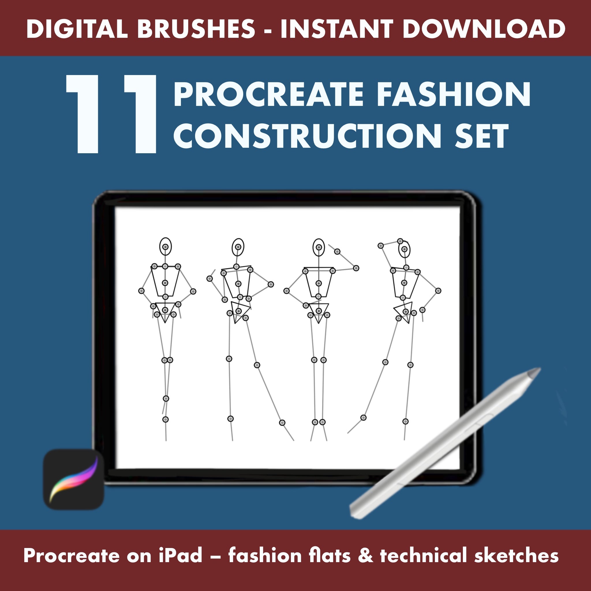 Image of 11 Procreate Fashion Construction Brushes set for digital sketching on iPad featuring technical figures.