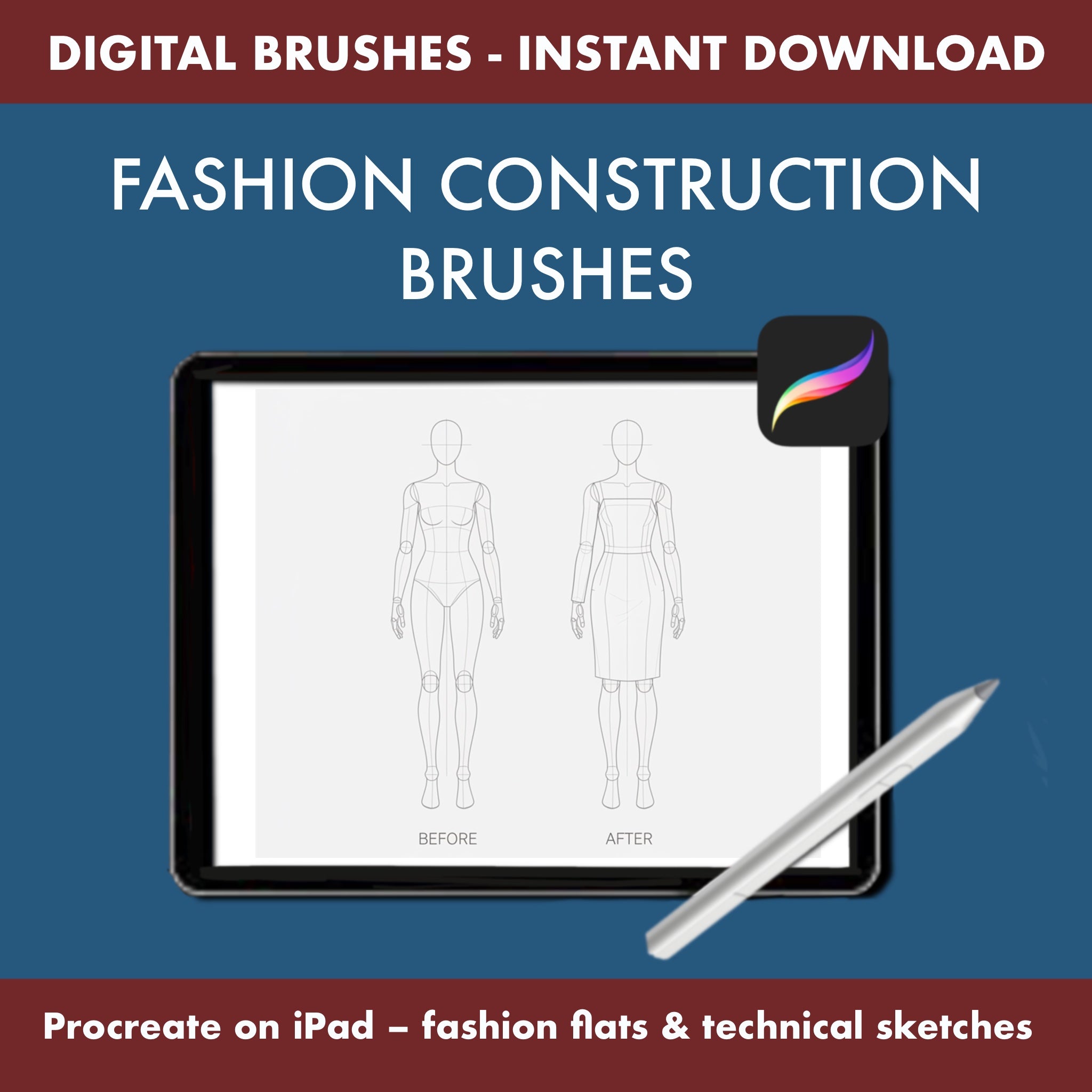 11 Procreate Fashion Construction Brushes for technical sketches and figure drawings on iPad