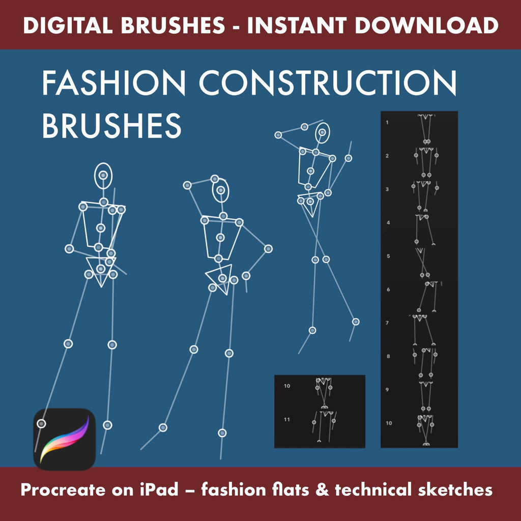 11 Procreate Fashion Construction Brushes – Technical Figure - Procreate Brush Shop by Sviatlana Fedzianiova