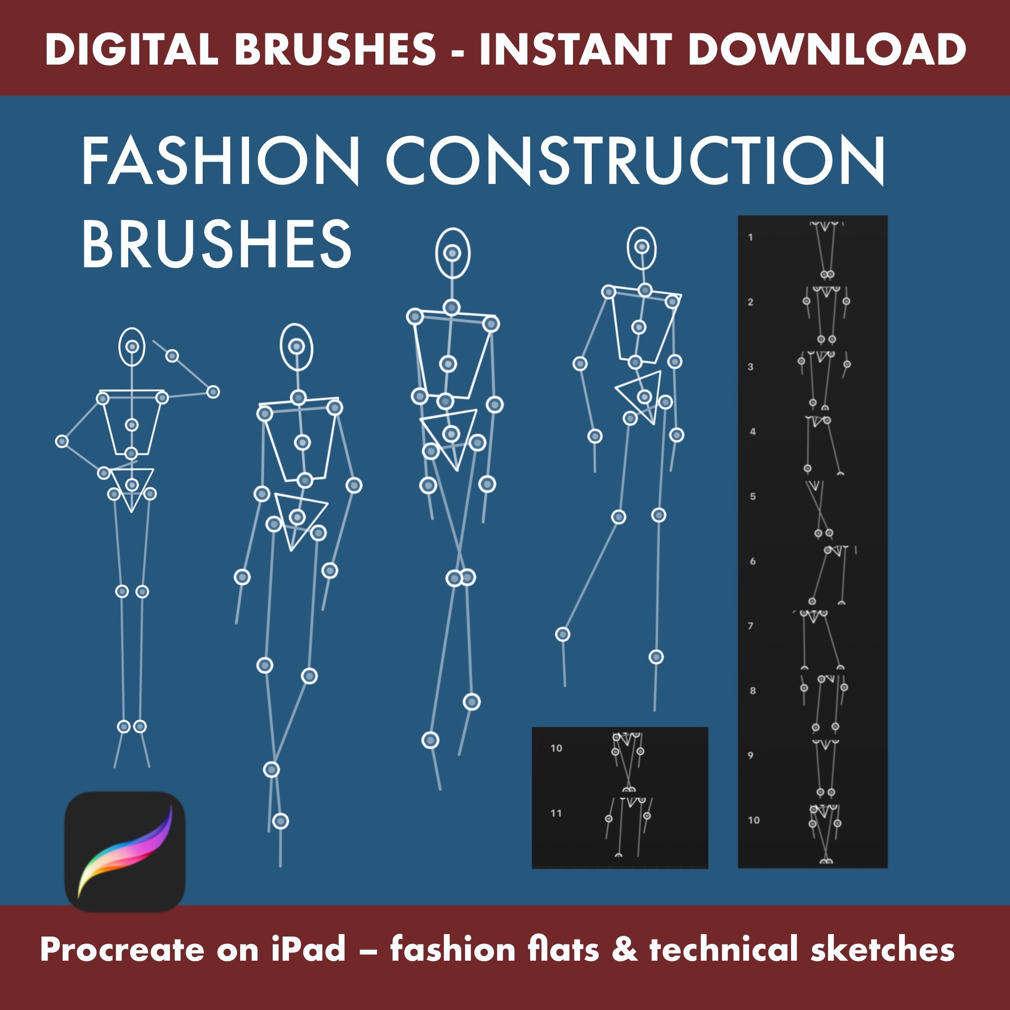 11 Procreate Fashion Construction Brushes showcasing technical figure sketches for fashion design on iPad.