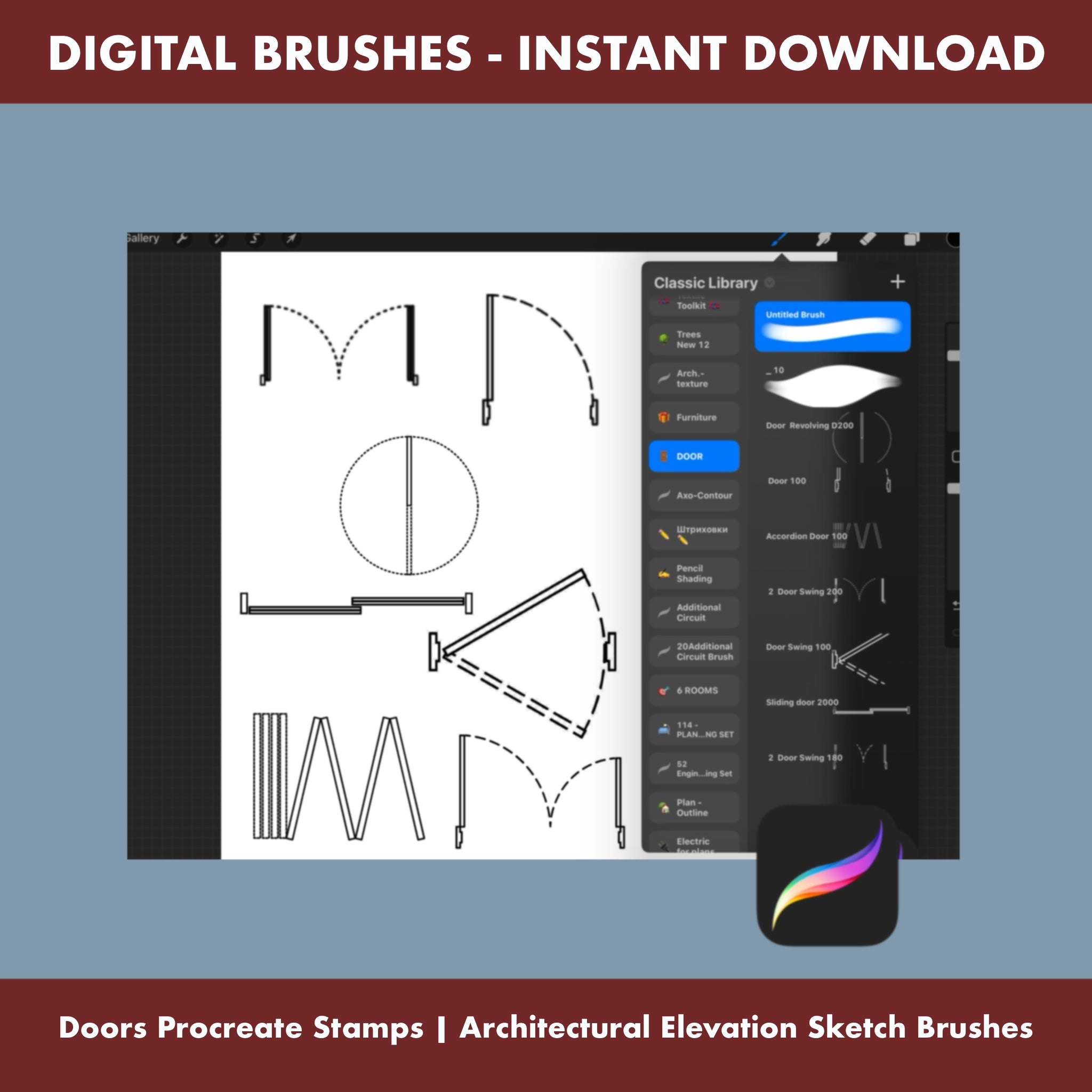 7 Doors Procreate Stamps - Architectural elevation sketch brushes displayed on Procreate interface.