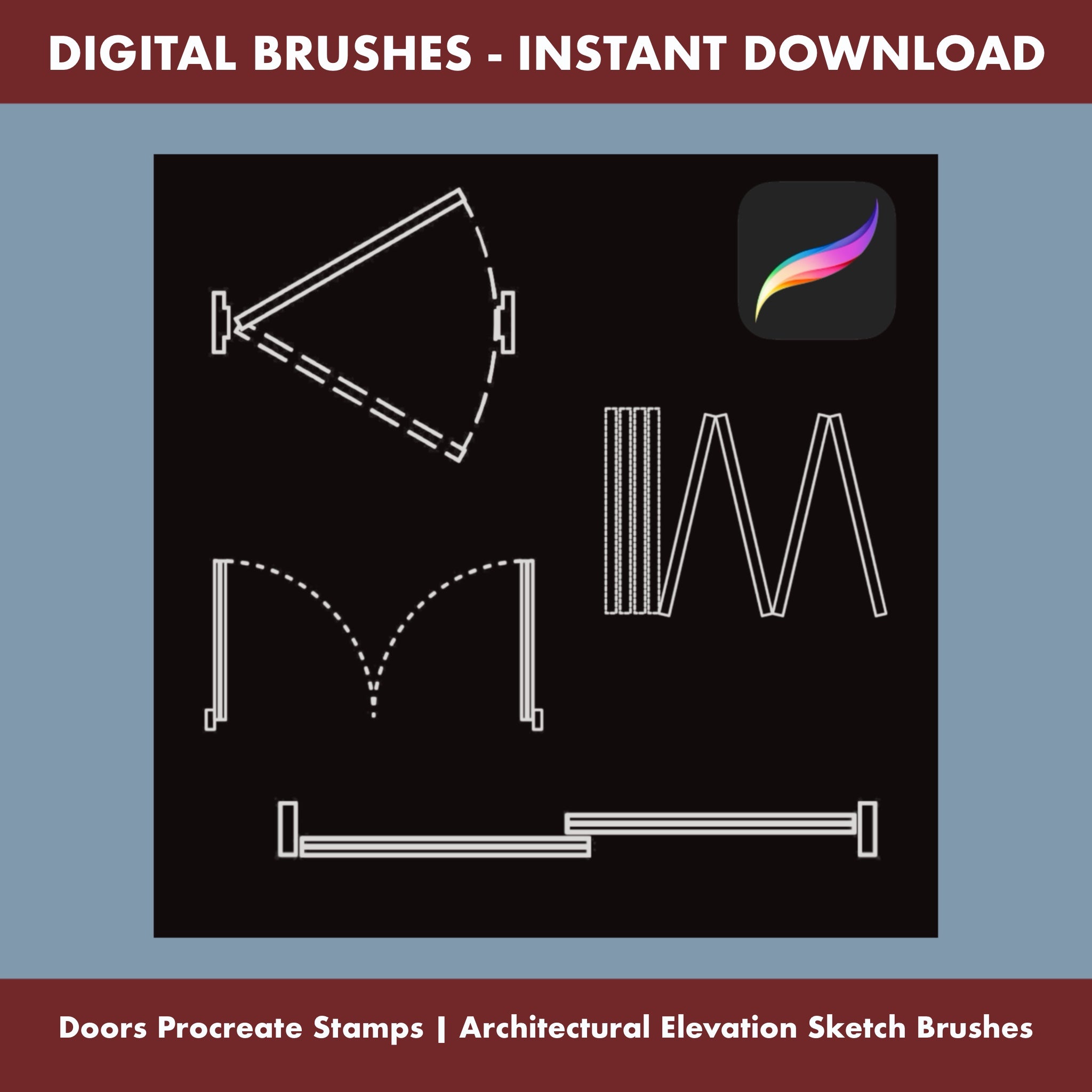 7 Doors Procreate Stamps | Architectural Elevation Sketch Brushes, digital brushes for instant download.