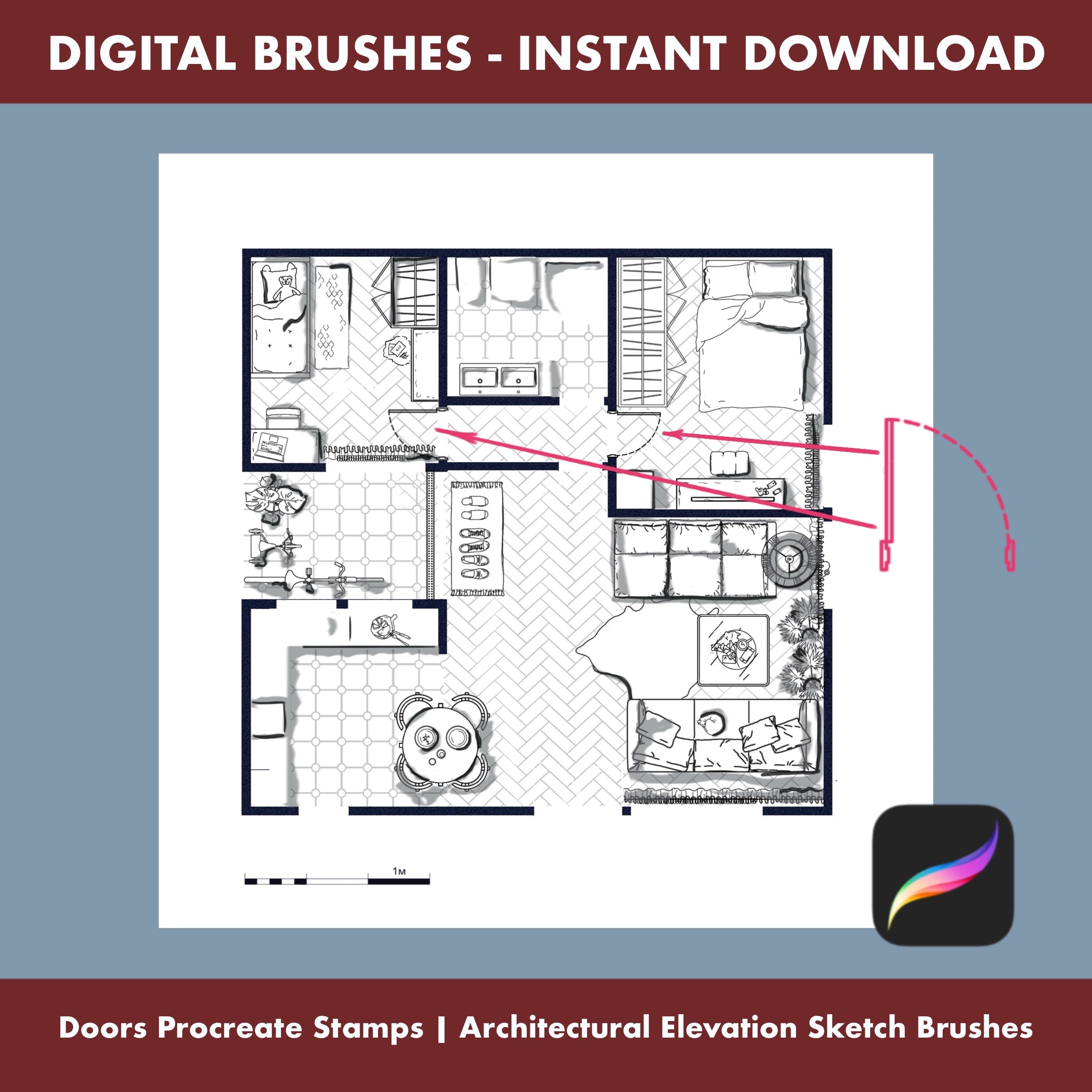 7 Doors Procreate Stamps architectural elevation sketch brushes for digital drawing and design.