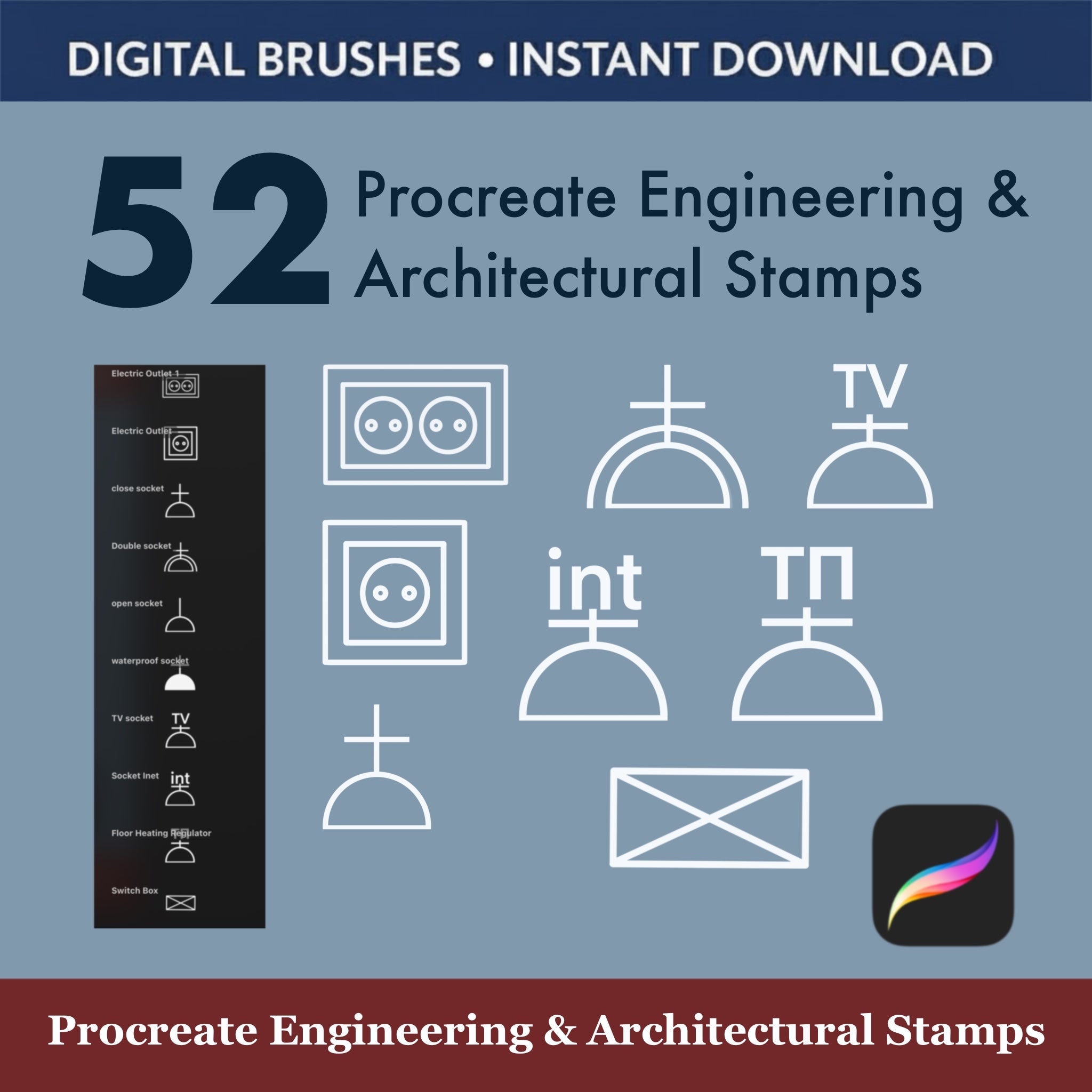 52 Procreate Engineering & Architectural Stamps featuring technical symbols for digital drawings.