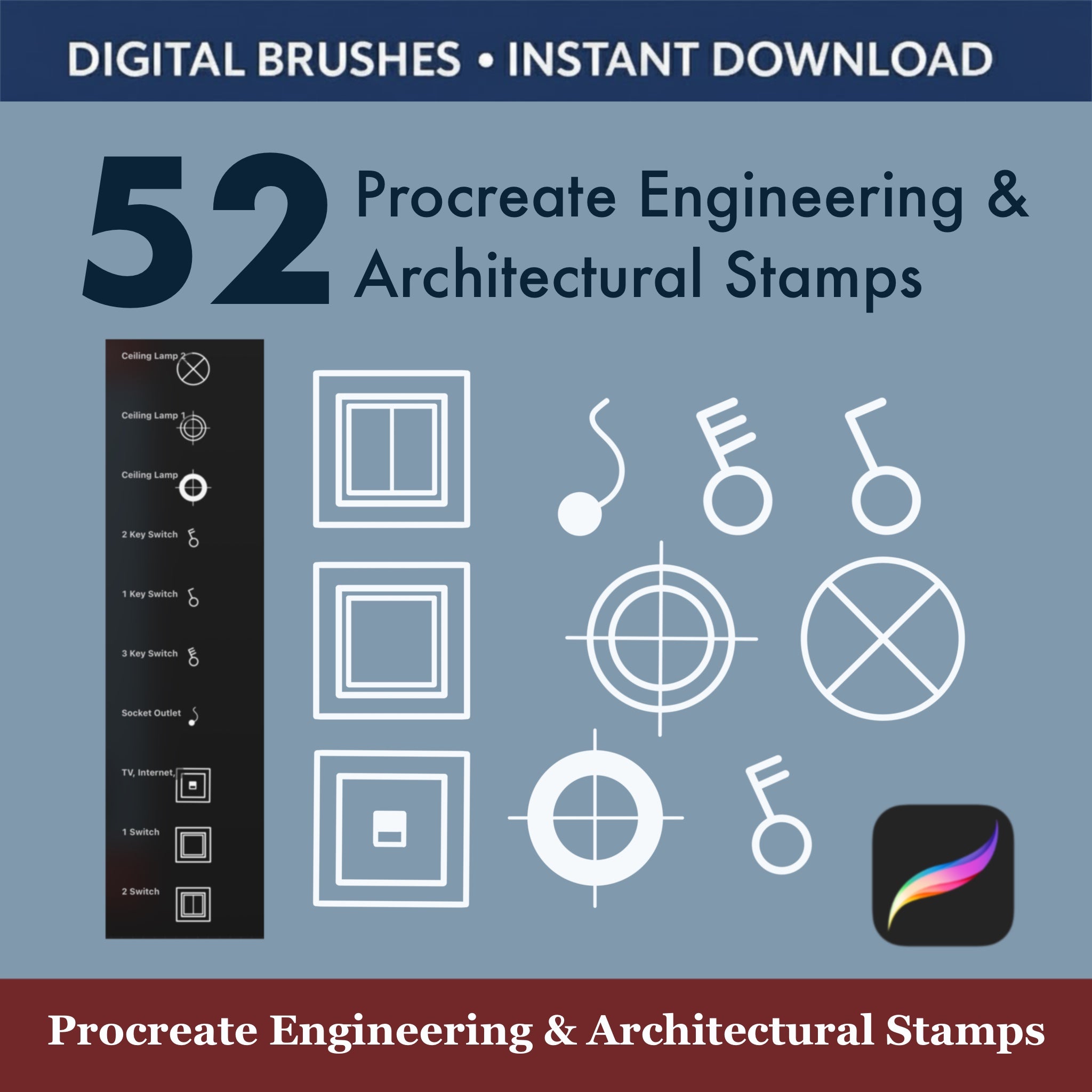 52 Procreate Engineering & Architectural Stamps featuring technical symbols and digital brushes for instant download.