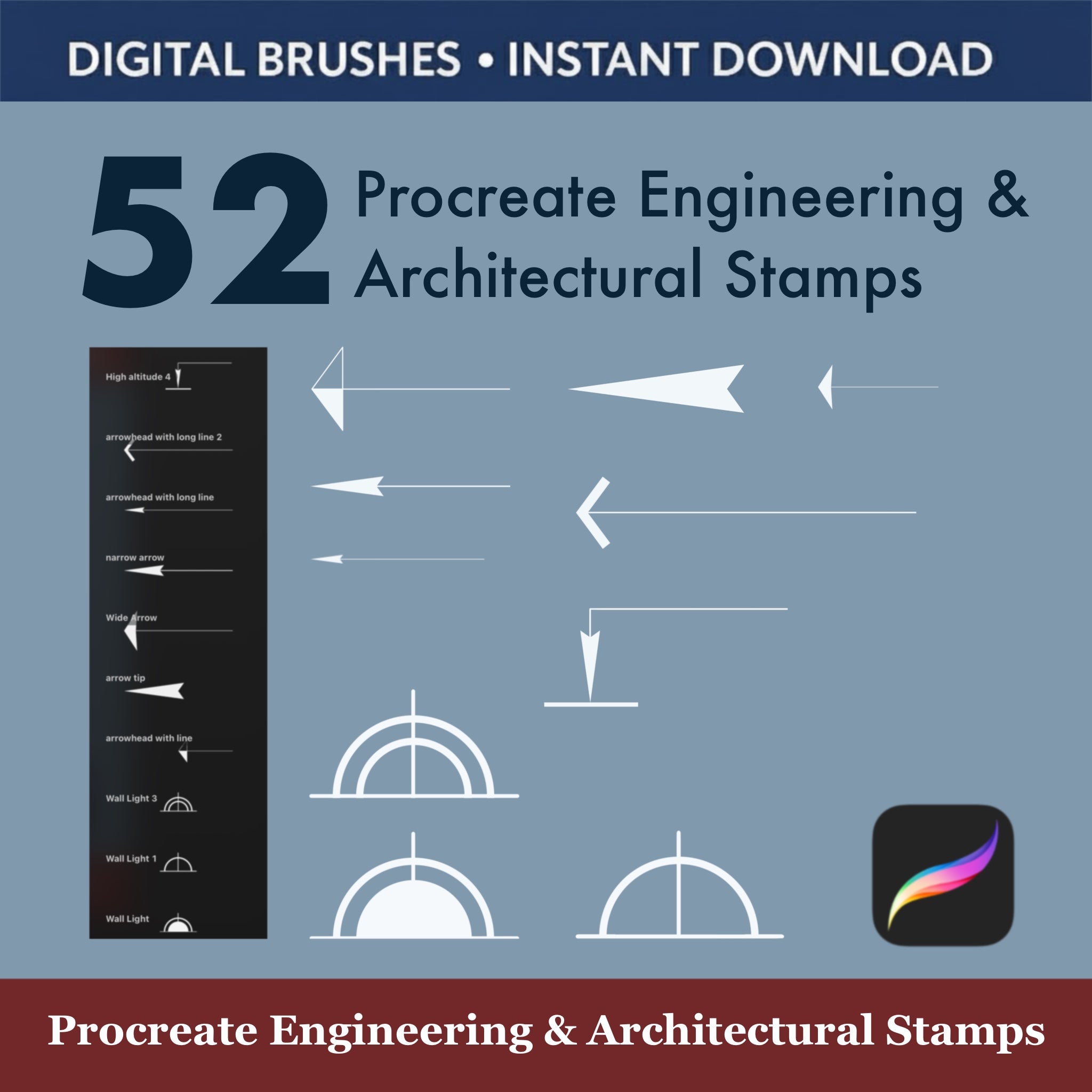 52 Procreate Engineering & Architectural Stamps showcasing technical symbols like arrows, lines, and grids for engineers and architects.