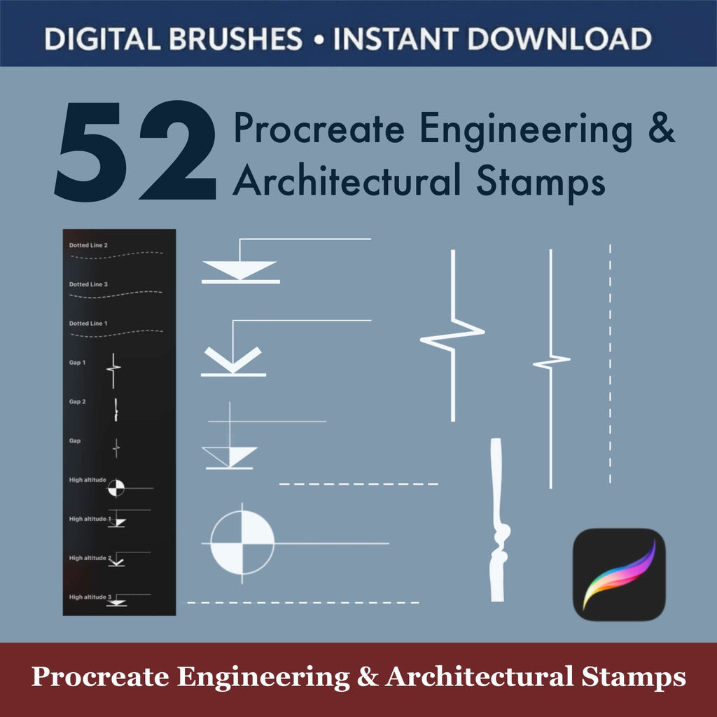52 Procreate Engineering & Architectural Stamps - Procreate Brush Shop by Sviatlana Fedzianiova