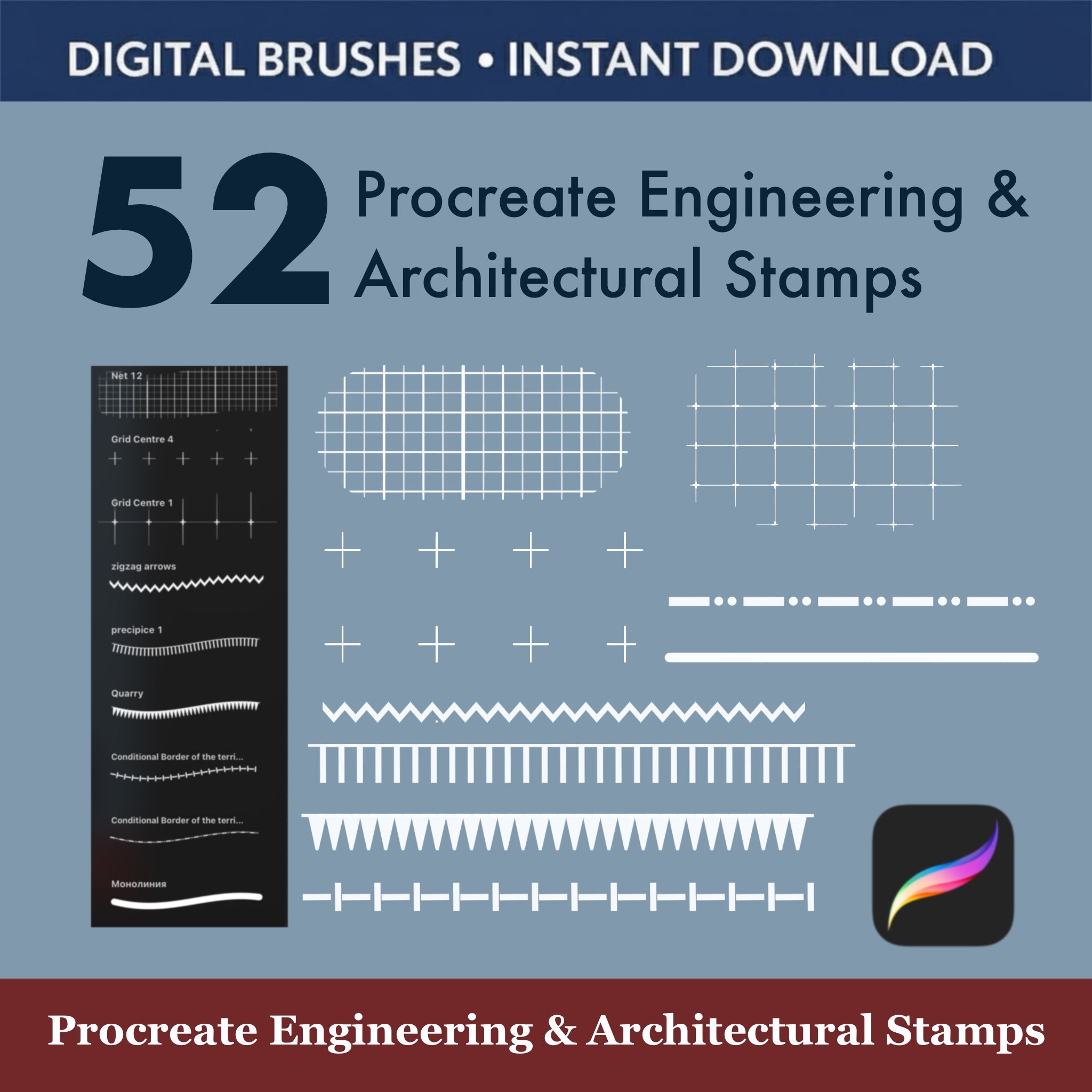 52 Procreate Engineering & Architectural Stamps showcasing various technical designs and digital brushes for precise artwork.