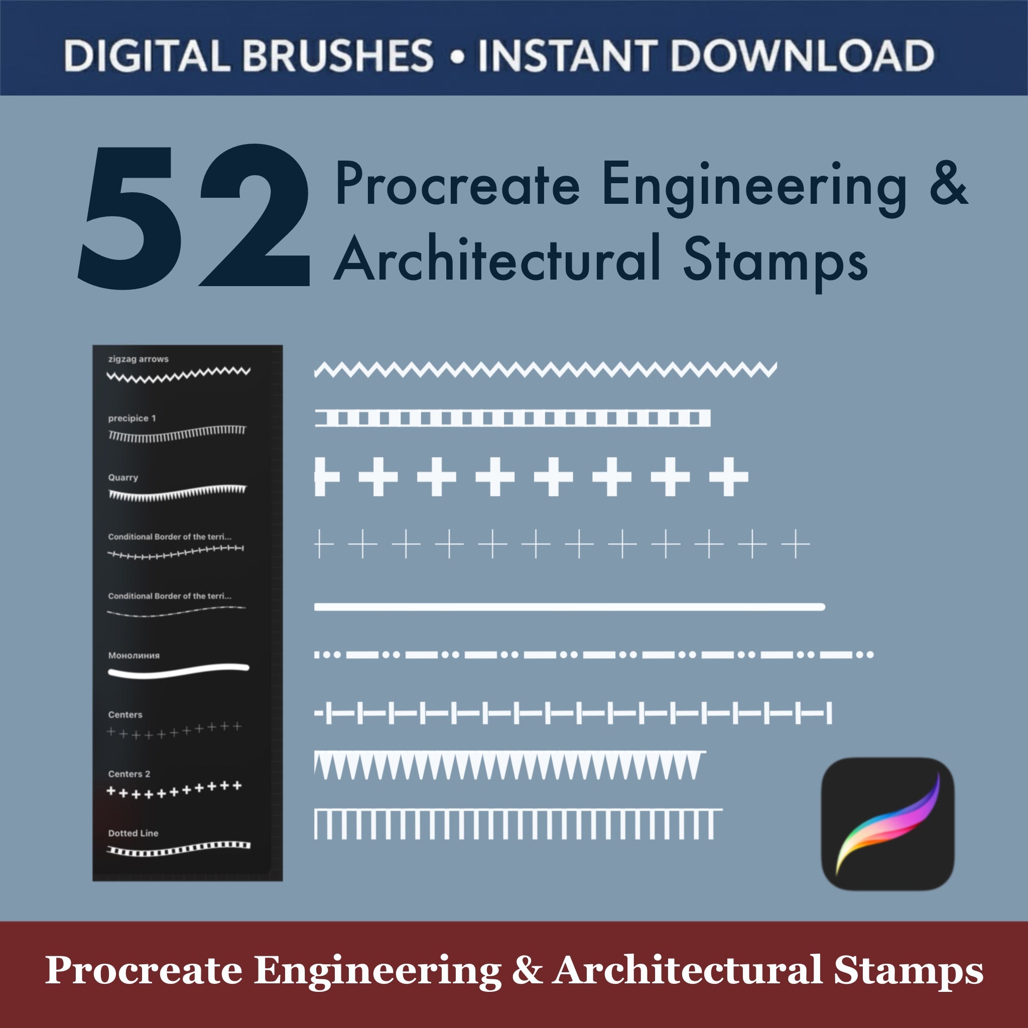 52 Procreate Engineering & Architectural Stamps showcasing digital brushes for precise technical drawings.