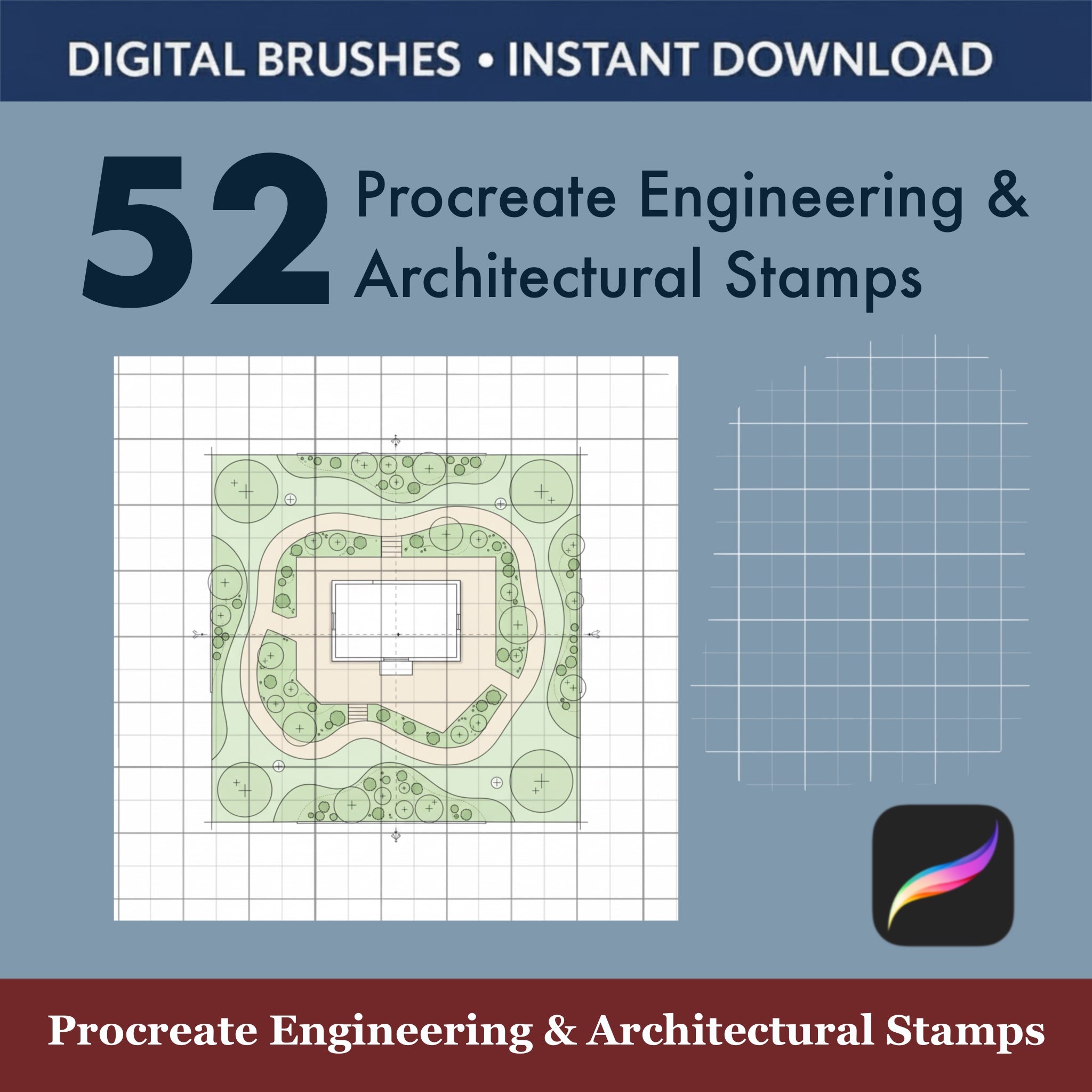 52 Procreate Engineering & Architectural Stamps digital brush kit for technical drawings and designs.