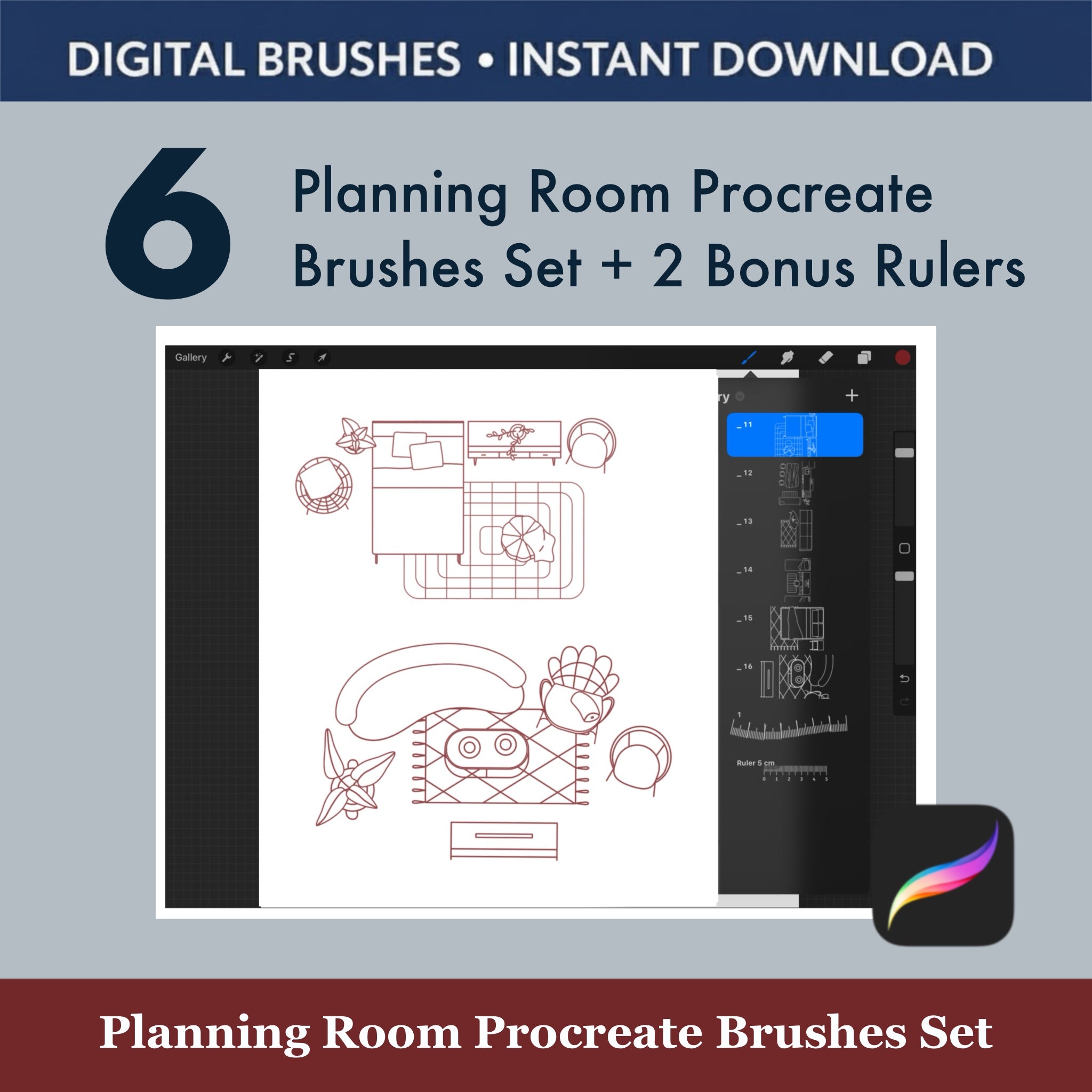 6 Planning Room Procreate Brushes Set + 2 Bonus Rulers displayed on an iPad for digital interior design.