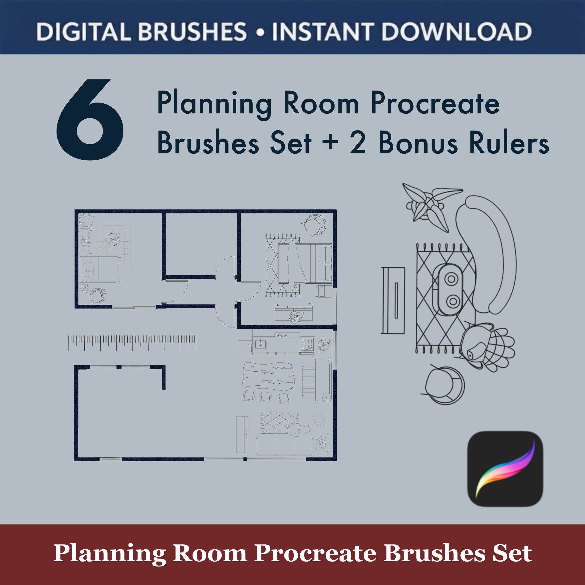 6 Planning Room Procreate Brushes Set + 2 Bonus Rulers for interior design and architectural layouts