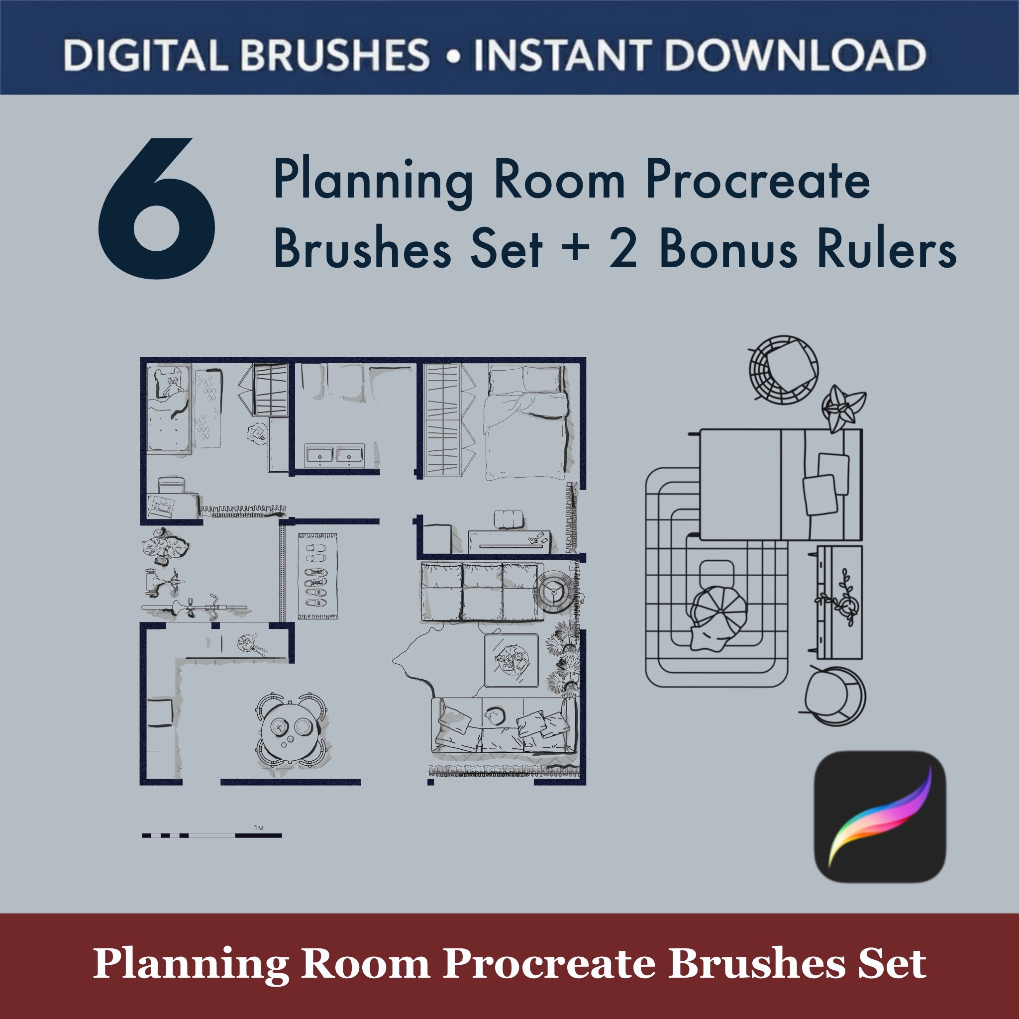 6 Planning room Procreate brushes set with floor plan and top view furniture layout