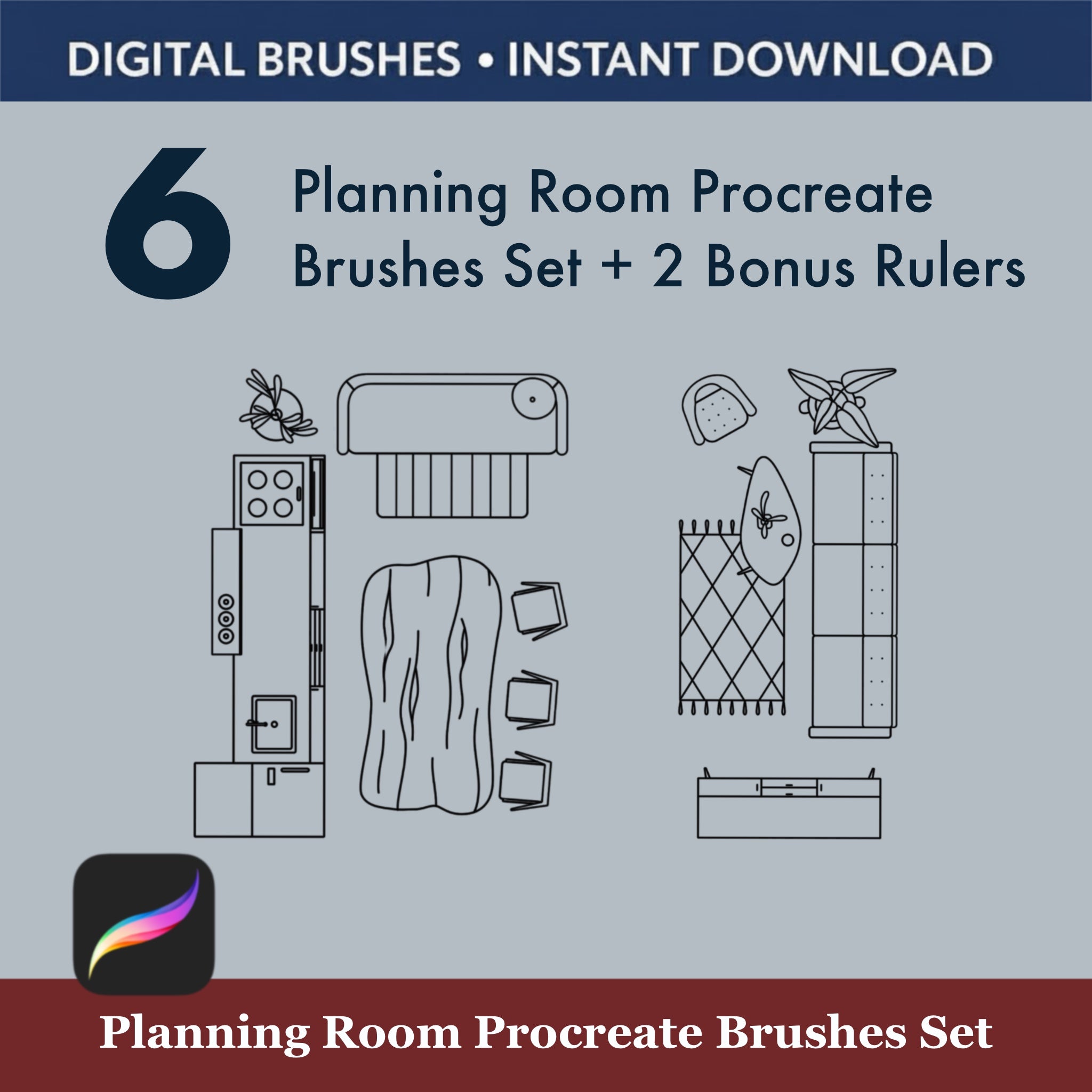 Interior planning Procreate brush kit shown inside Procreate app workspace