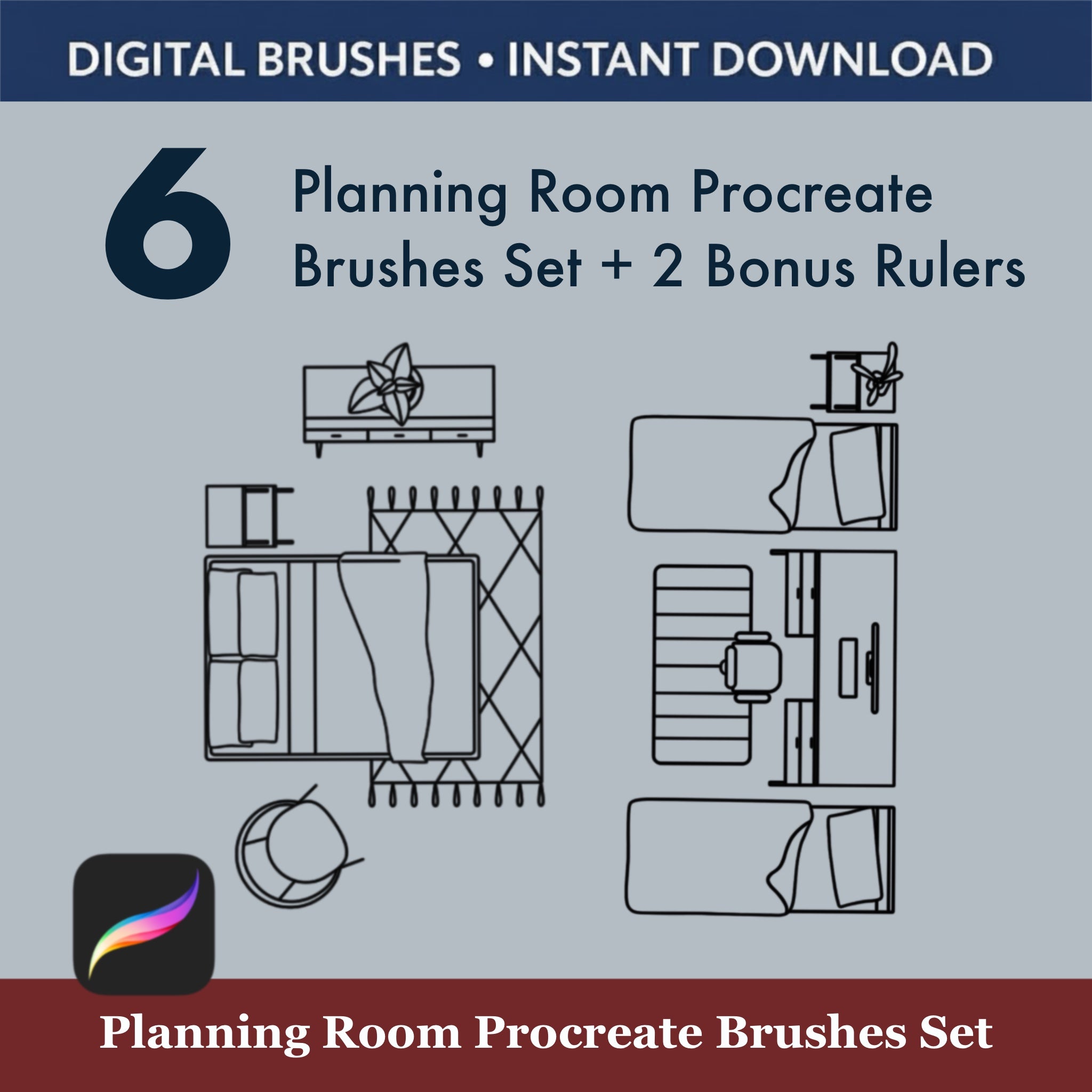 Room layout created with 6 planning Procreate brushes set for interior designers