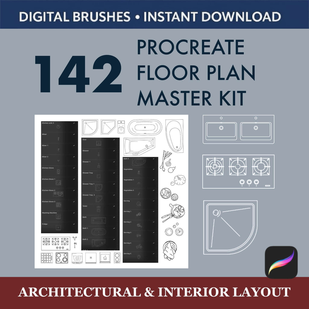142 Procreate Floor Plan Brushes Master Kit |  Interior + GIFT PNG - Procreate Brush Shop by Sviatlana Fedzianiova