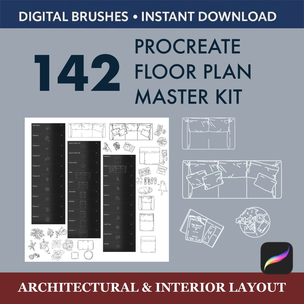 142 Procreate Floor Plan Brushes Master Kit |  Interior + GIFT PNG - Procreate Brush Shop by Sviatlana Fedzianiova