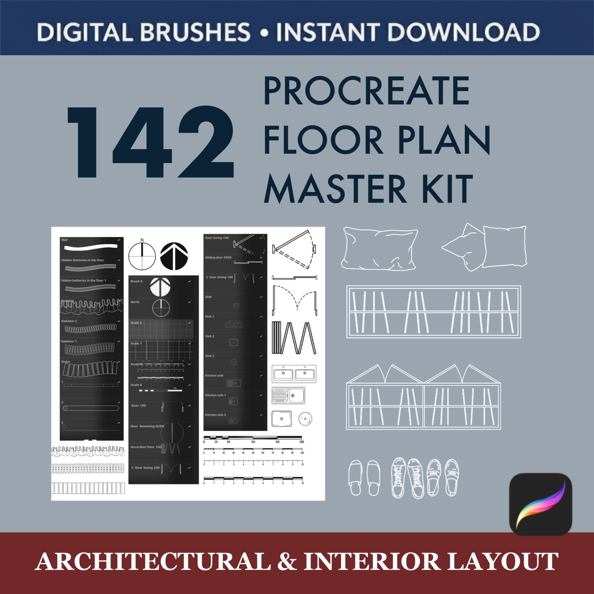 Transform your iPad into a comprehensive drafting studio with this essential set of 142 Procreate Brushes and Stamps. 
