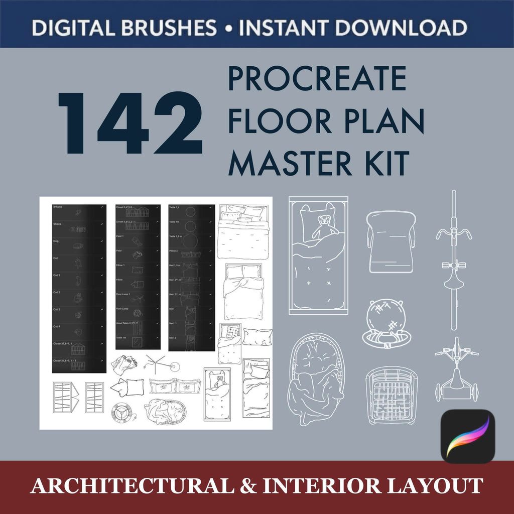 142 Procreate Floor Plan Brushes Master Kit |  Interior + GIFT PNG - Procreate Brush Shop by Sviatlana Fedzianiova